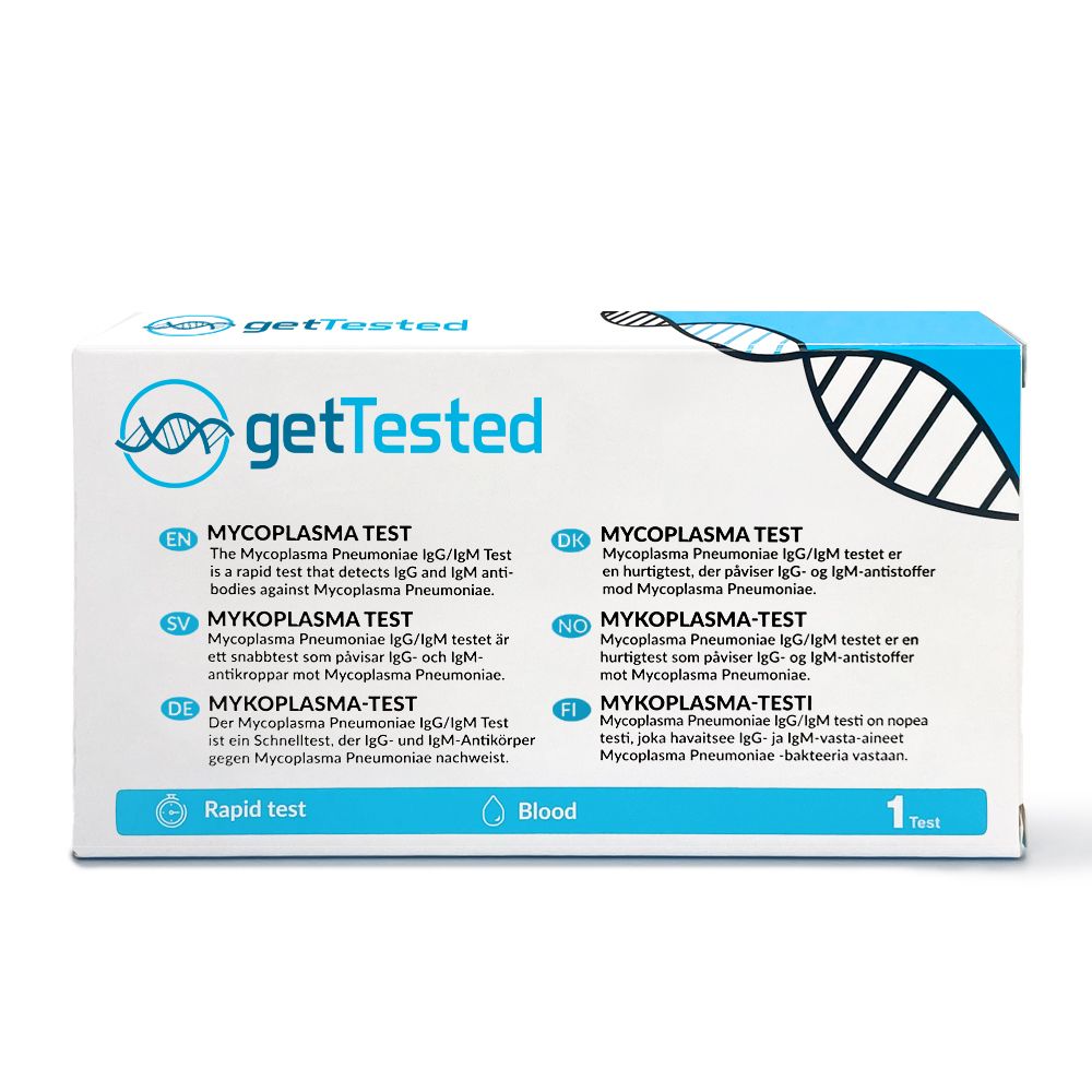 Schachtel des GetTested Mykoplasma-Tests. Enthält Informationen in mehreren Sprachen, darunter Deutsch, Englisch, Schwedisch, Dänisch, Norwegisch und Finnisch.