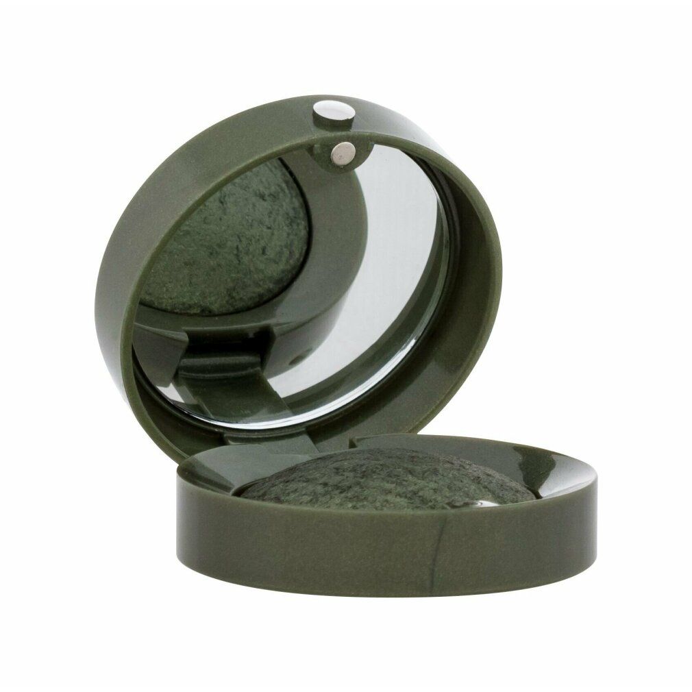 Runder, grüner Lidschatten-Behälter mit Spiegel. Offen, Lidschatten sichtbar. Kleiner, runder Behälter mit Spiegel.