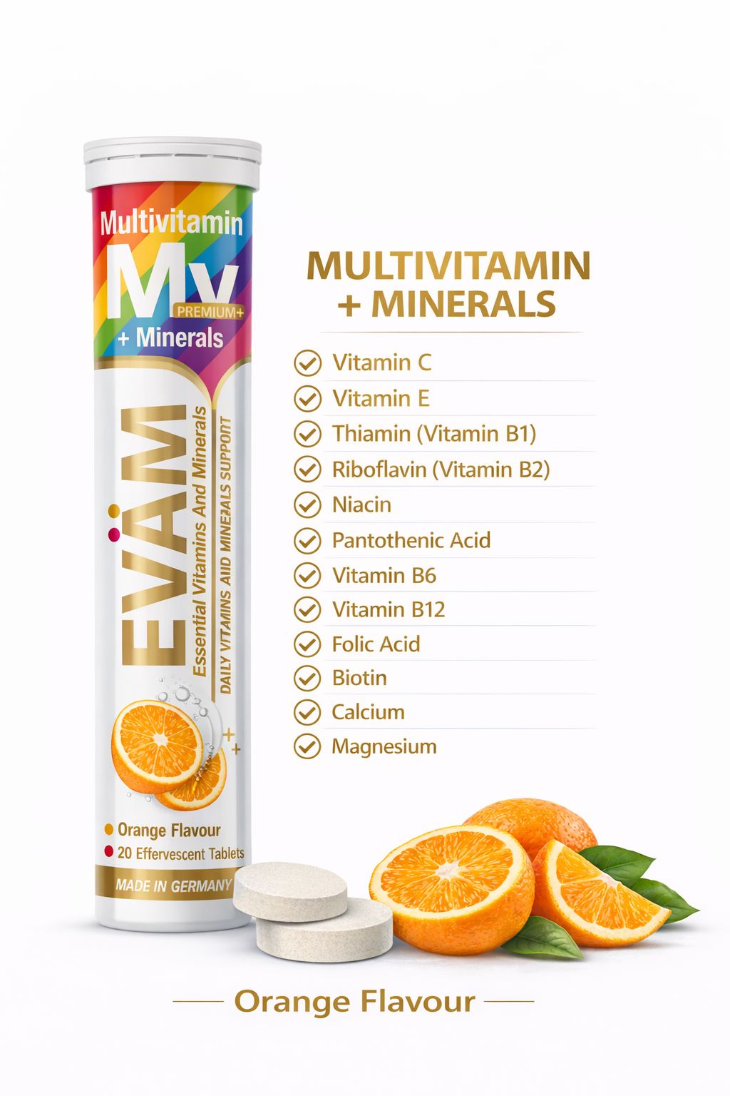 EVÄM Multivitamin + Mineralien Tube, Orange-Geschmack. Enthält 20 Brausetabletten. Vegan-Siegel. Inhaltsstoffe: Vitamin C, E, B1, B2, etc.