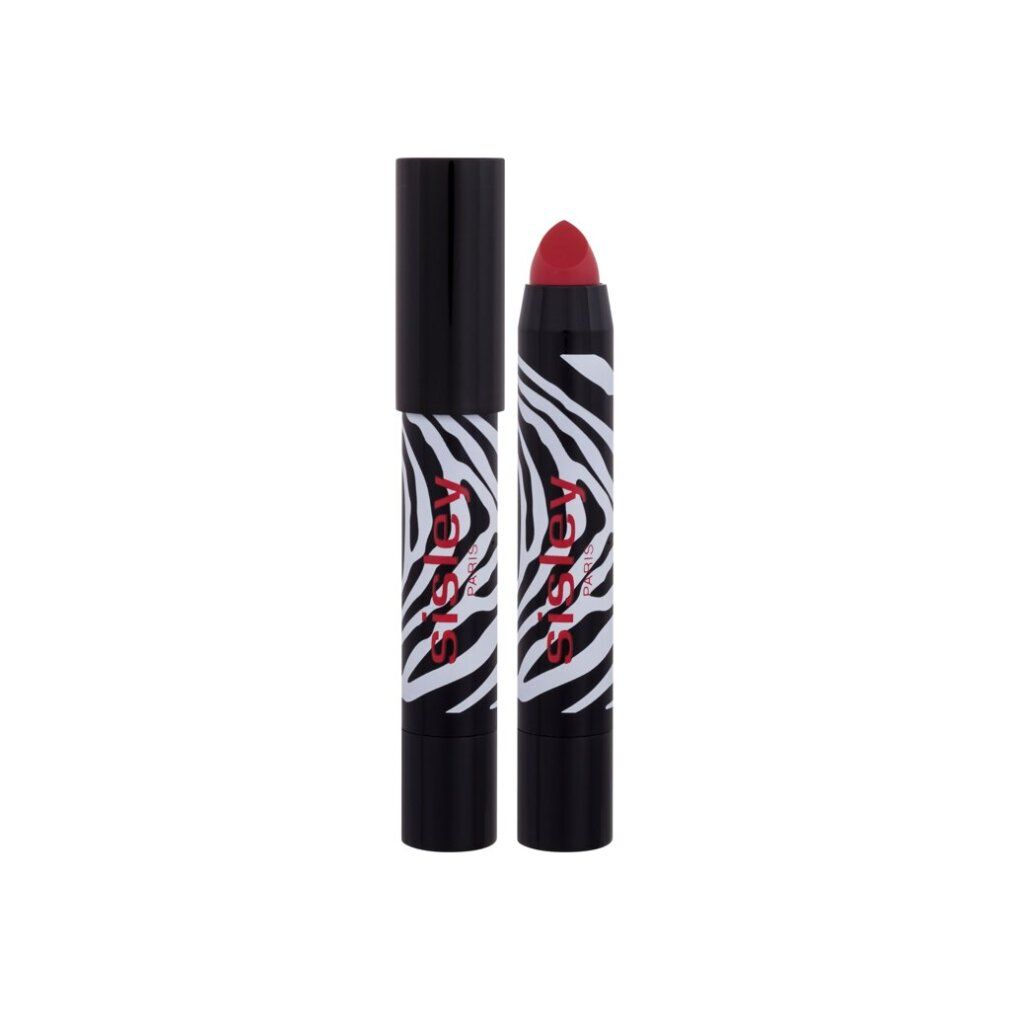 Lippenstift mit schwarzem Deckel und Zebra-Muster. Roter Lippenstiftstift mit Sisley-Logo.