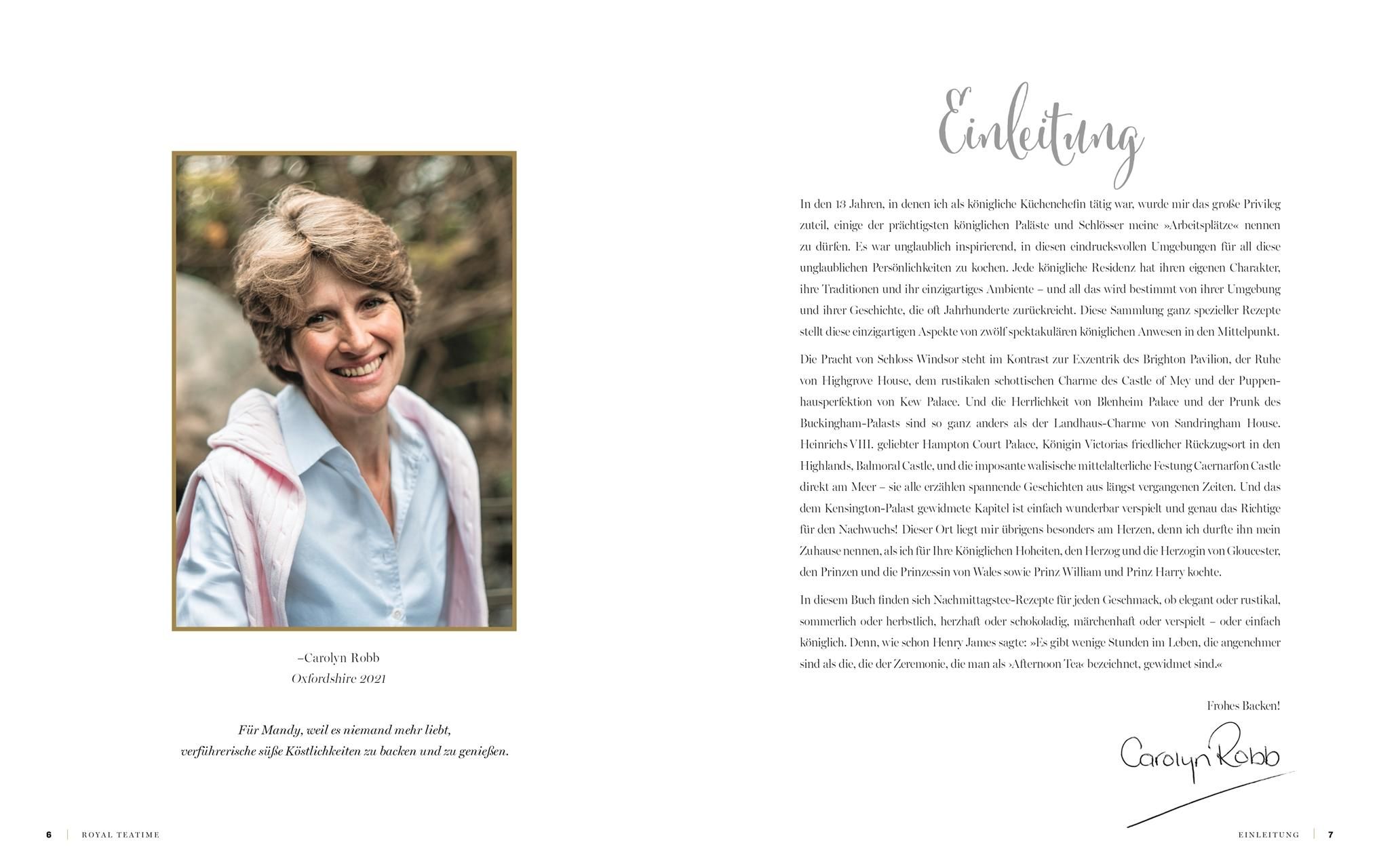 Seite mit Foto von Carolyn Robb, Autorin des Buches "Royal Teatime". Text und Unterschrift.