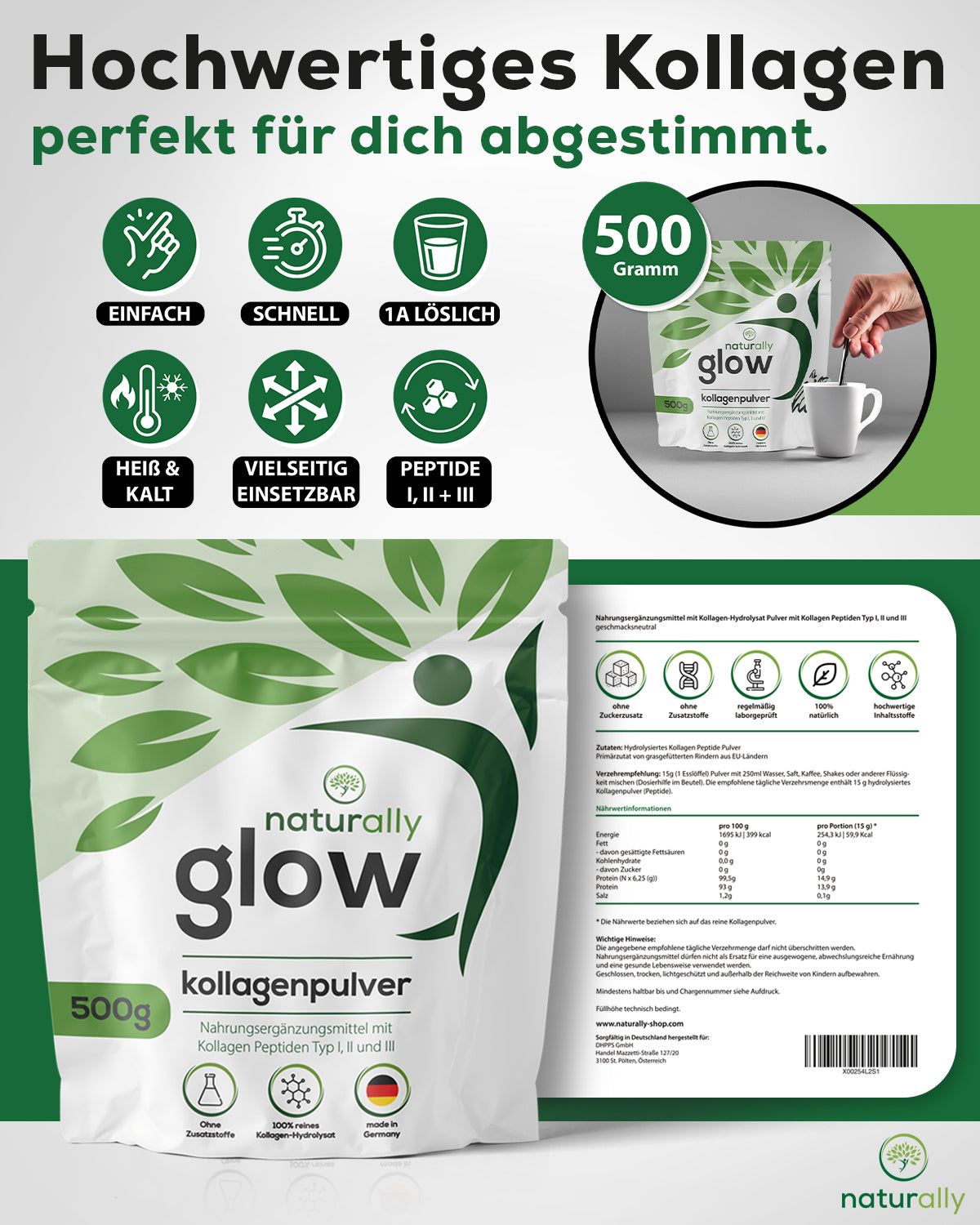 naturally glow Kollagen 500g Pulver | für Haut, Haare & Gelenke | Typ 1,2 & 3