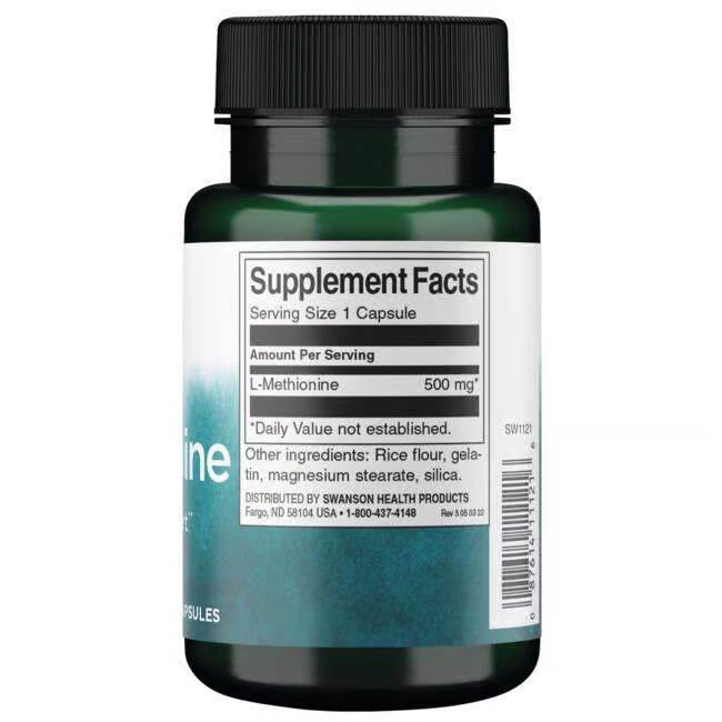 Rückseite der grünen Flasche. Etikett mit Nährwertangaben: L-Methionin 500 mg. Weitere Inhaltsstoffe.