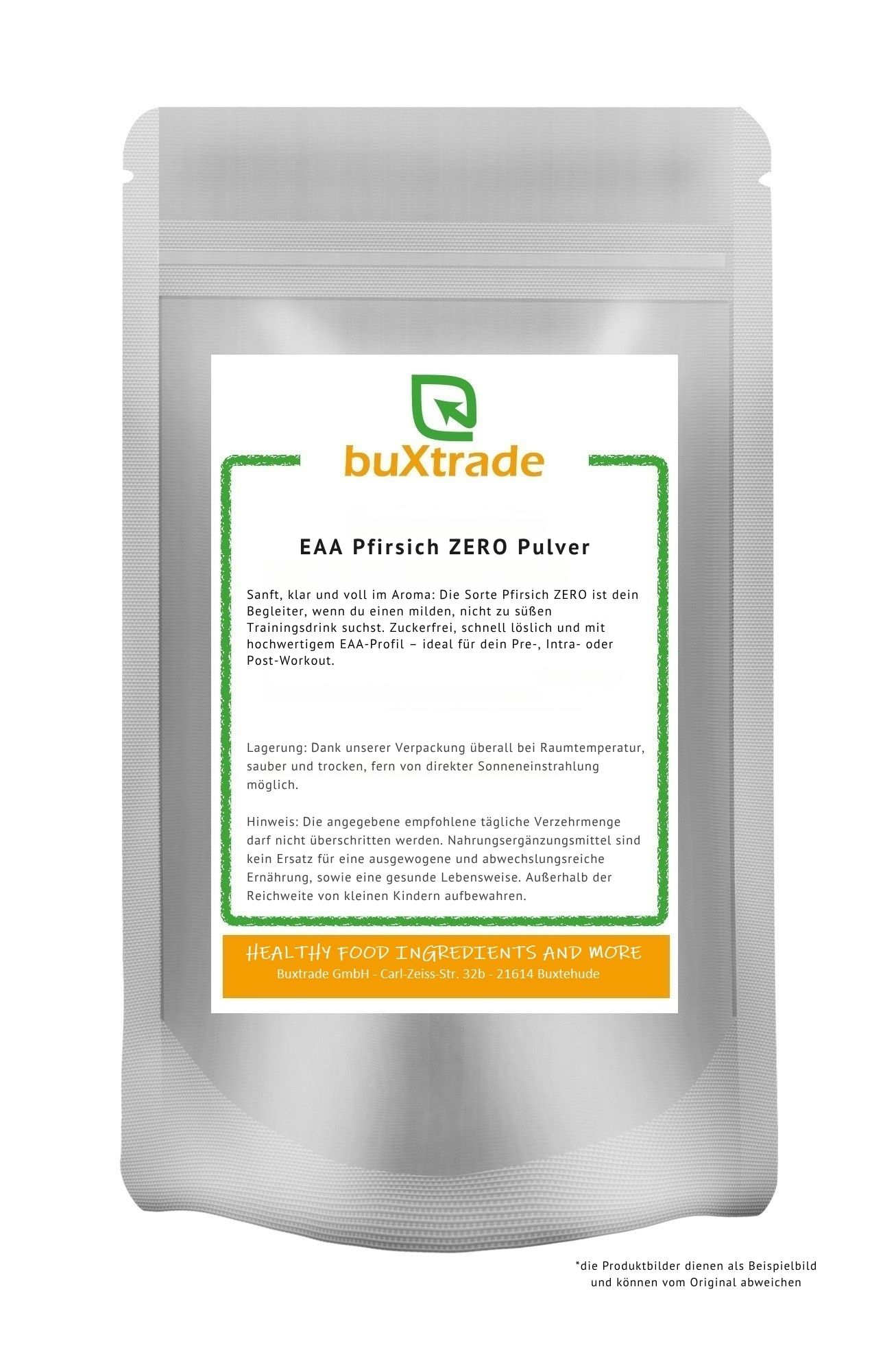 Beutel mit buXtrade EAA Zero Pulver. Aufschrift: EAA Pfirsich ZERO Pulver. Grün umrandetes Etikett mit Text.