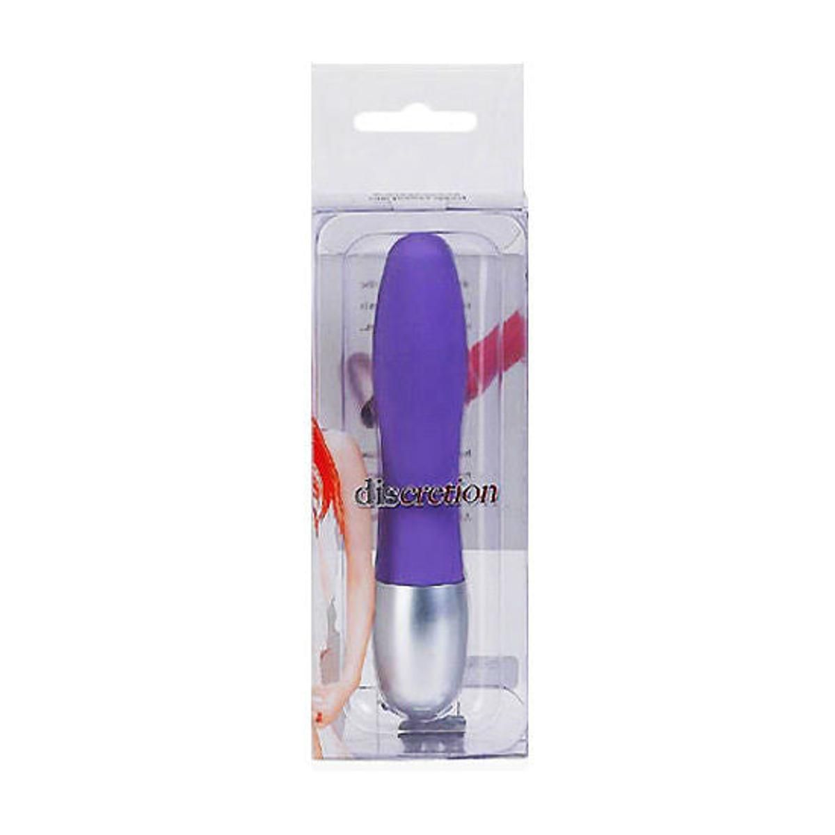 Lila Vibrator in transparenter Verpackung. Aufschrift 'discretion'.