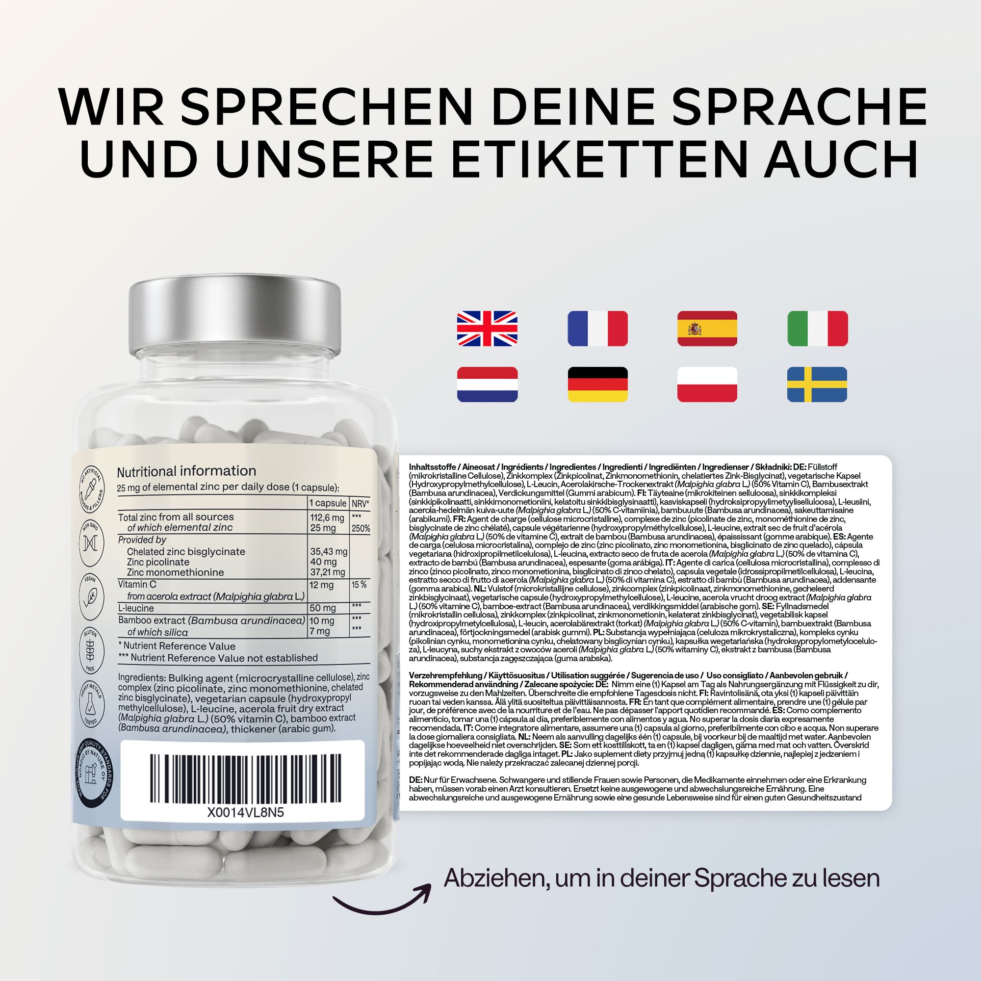 Glasflasche mit Kapseln und Etikett mit Flaggen. Etikett in verschiedenen Sprachen.