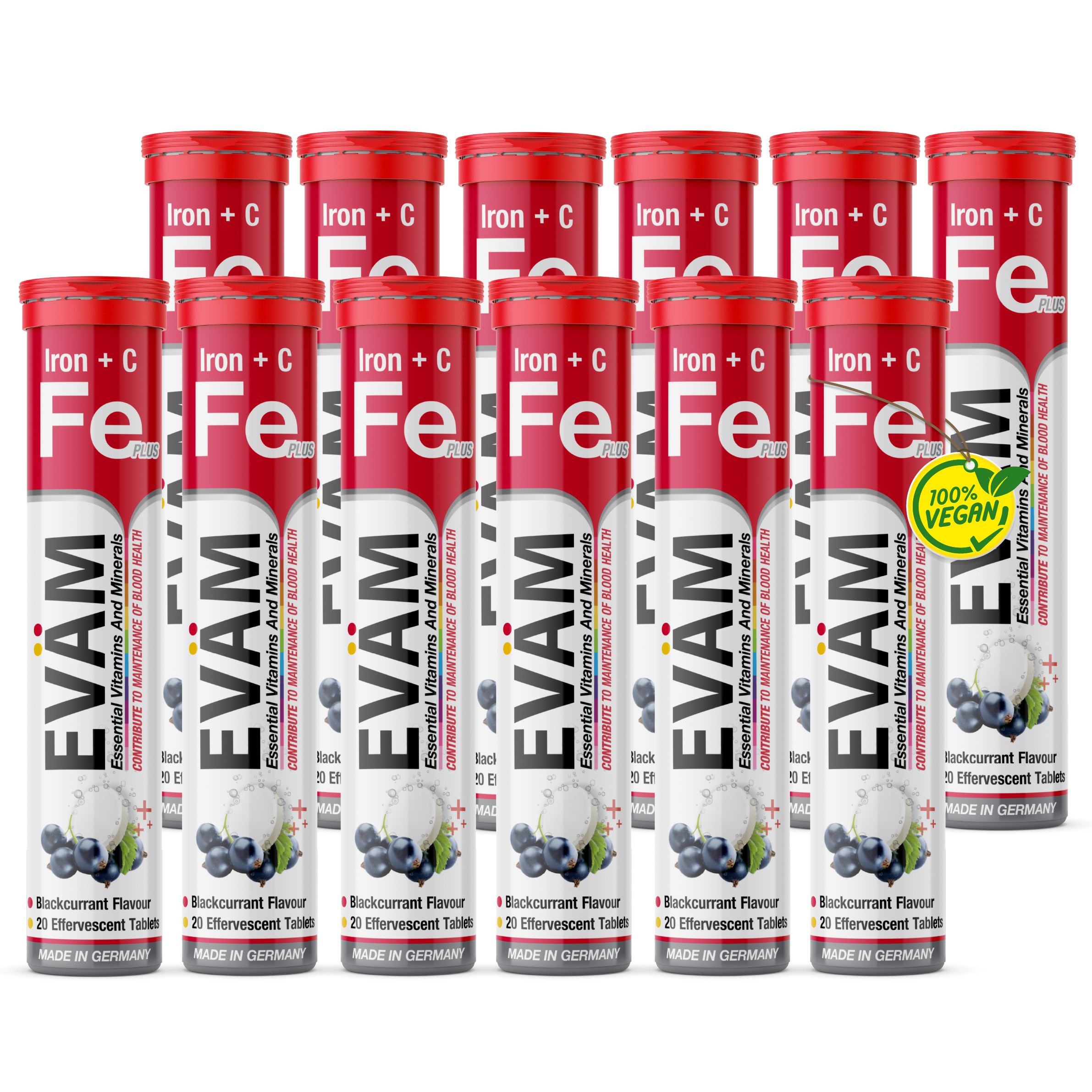 12 Tuben EVÄM Eisen + Vitamin C Brausetabletten. Rote und weiße Tuben. 100% vegan. Made in Germany.