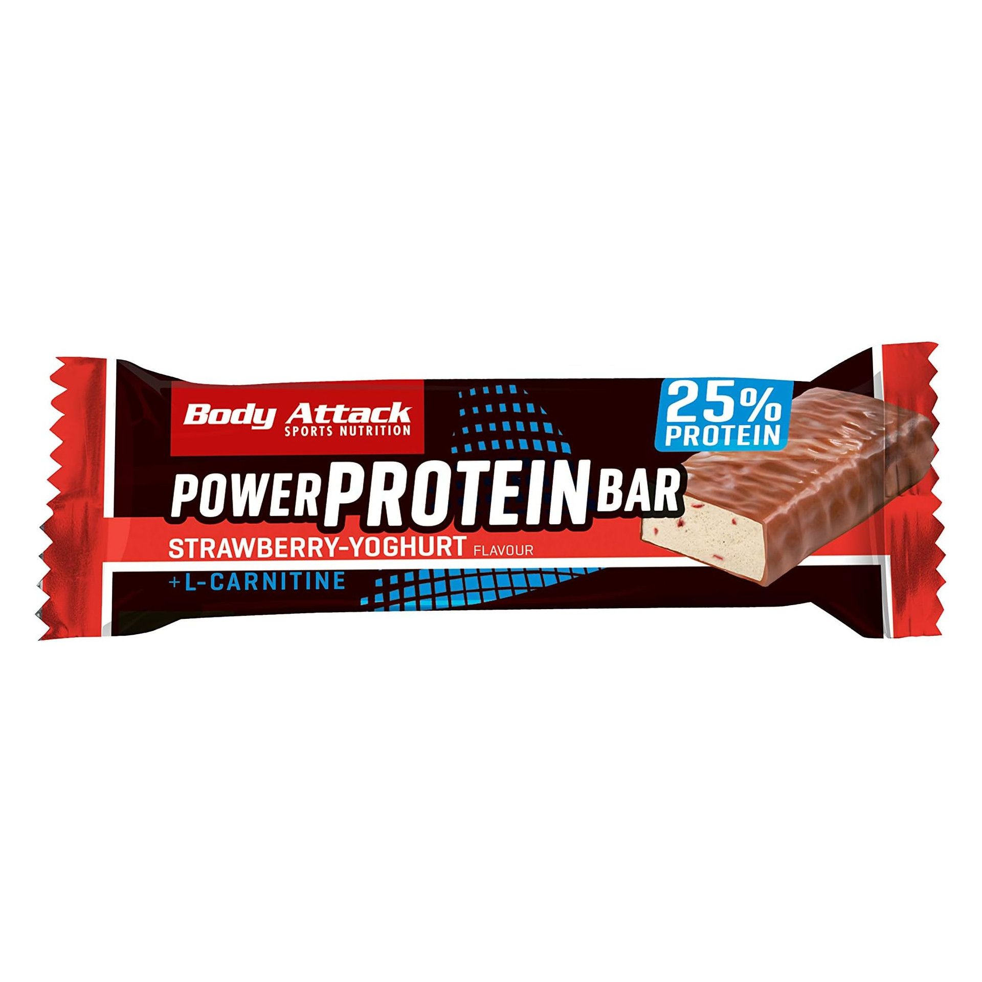 Body Attack Power Protein Bar, Strawberry-Yoghurt flavour. The bar is in a red and black wrapper with the brand name and product information.