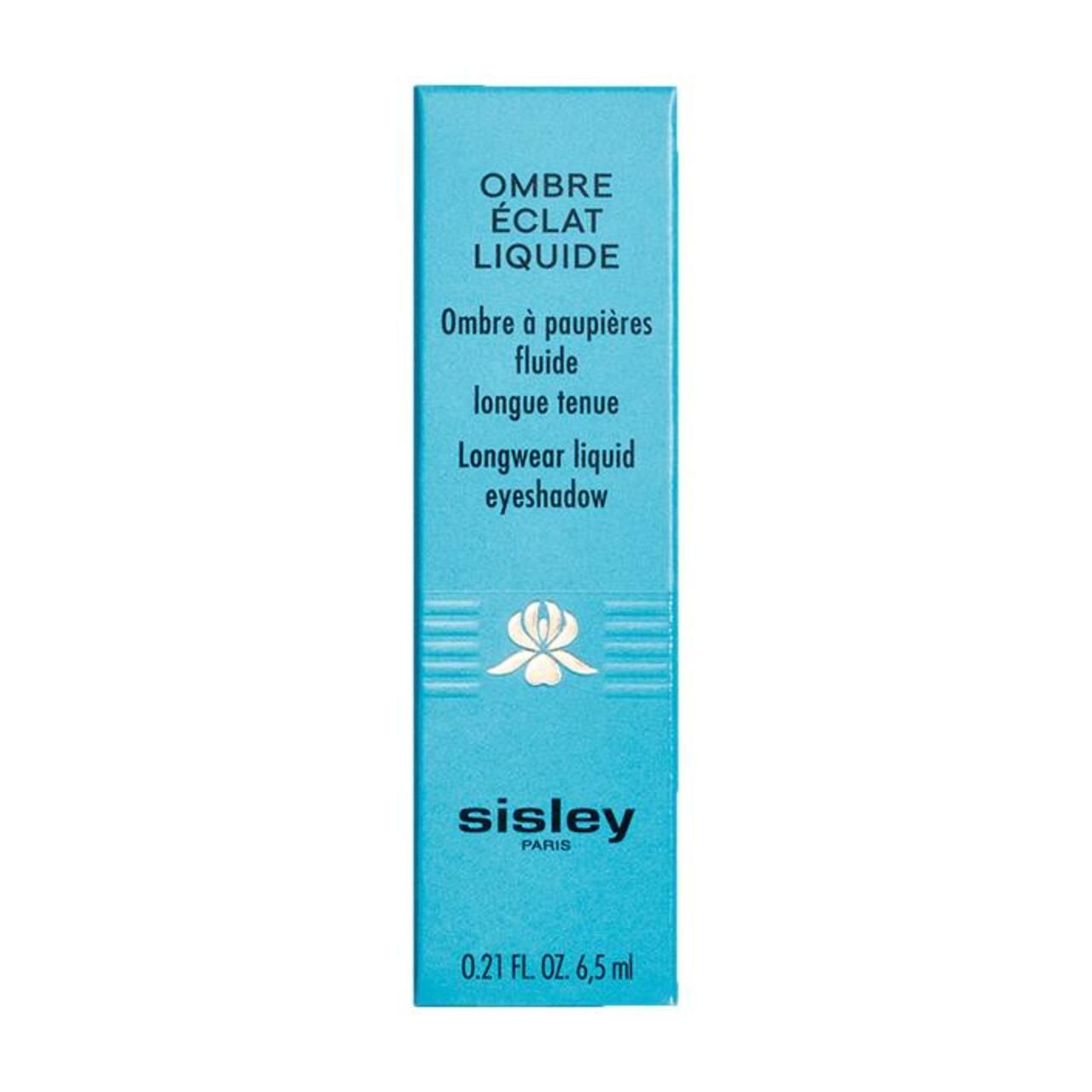 Türkisfarbene Verpackung mit Produktbezeichnung und Markennamen Sisley Paris. Text: Ombre Éclat Liquide.