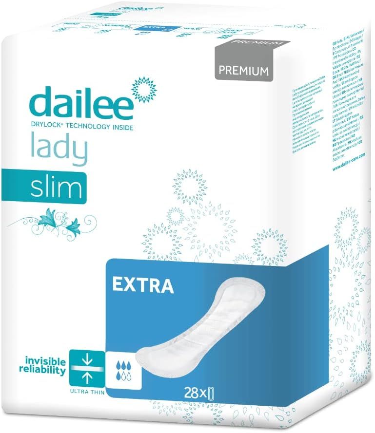 Dailee Lady Slim Extra incontinentieverband. Witte inlegger op blauwe achtergrond. Verpakking van 28 stuks. Premium kwaliteit.
