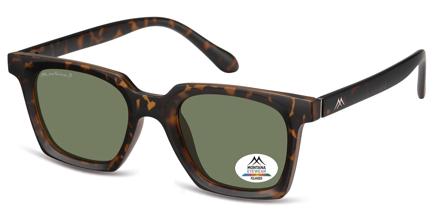 Sonnenbrille mit braunem Rahmen und grünen Gläsern. Das Montana Eyewear Logo ist auf dem Bügel sichtbar.