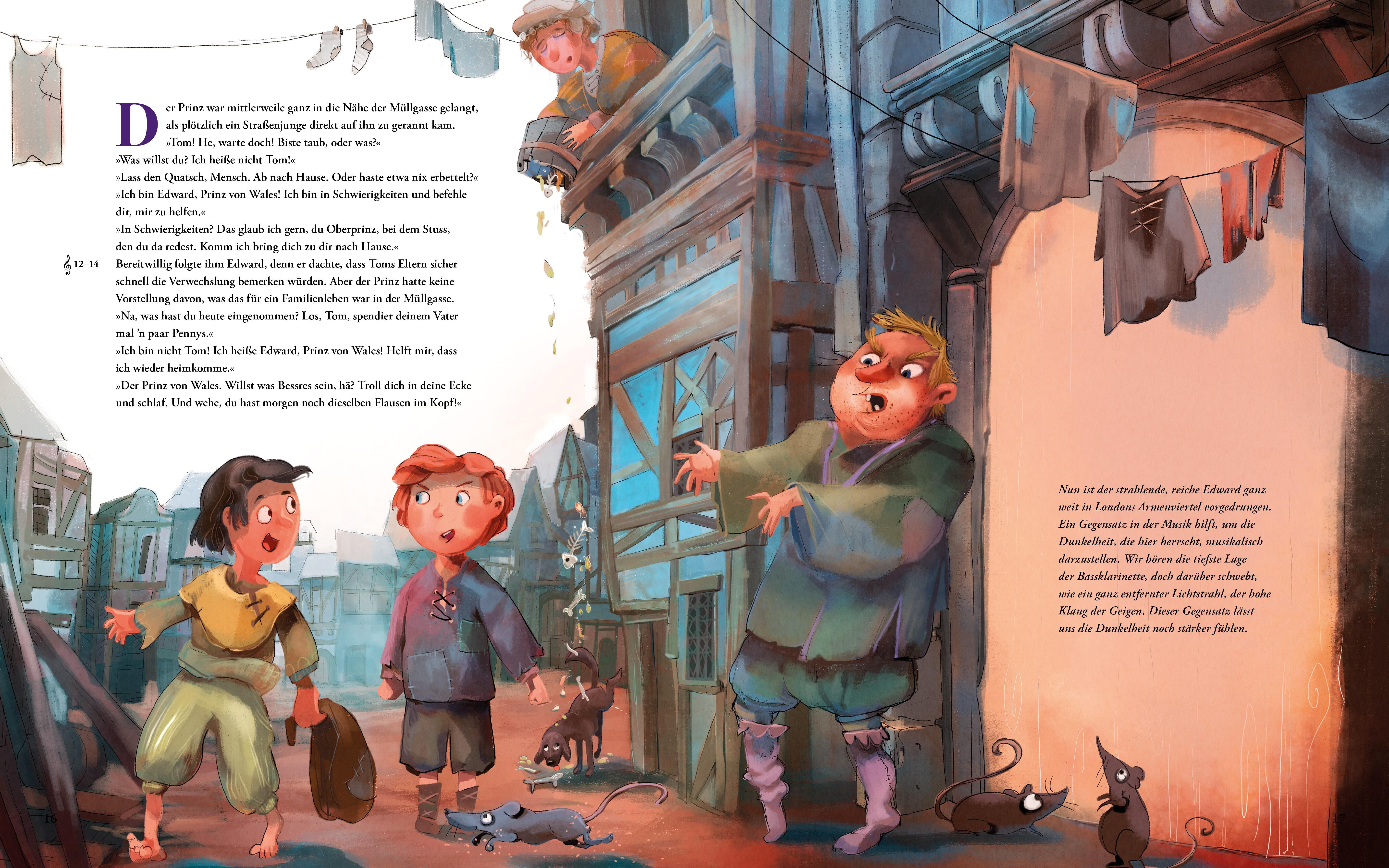 Buchinnenseite: Illustration von Jungen in einer Gasse. Text in deutscher Sprache. Illustrationen und Text auf cremefarbenem Hintergrund.