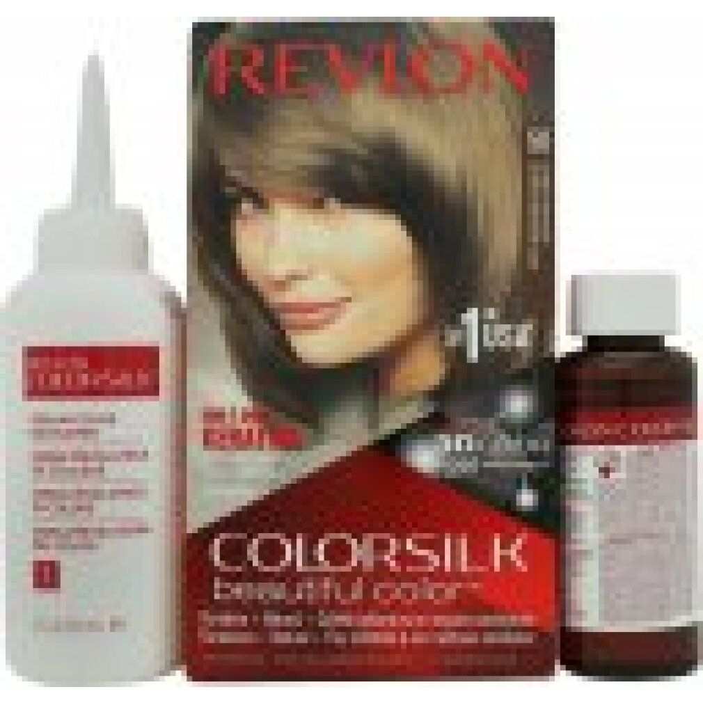 Revlon Colorsilk Haarfarbeprodukte. Flasche mit Applikator, Flasche mit Entwickler und Verpackung. Produktname und Logo sichtbar.