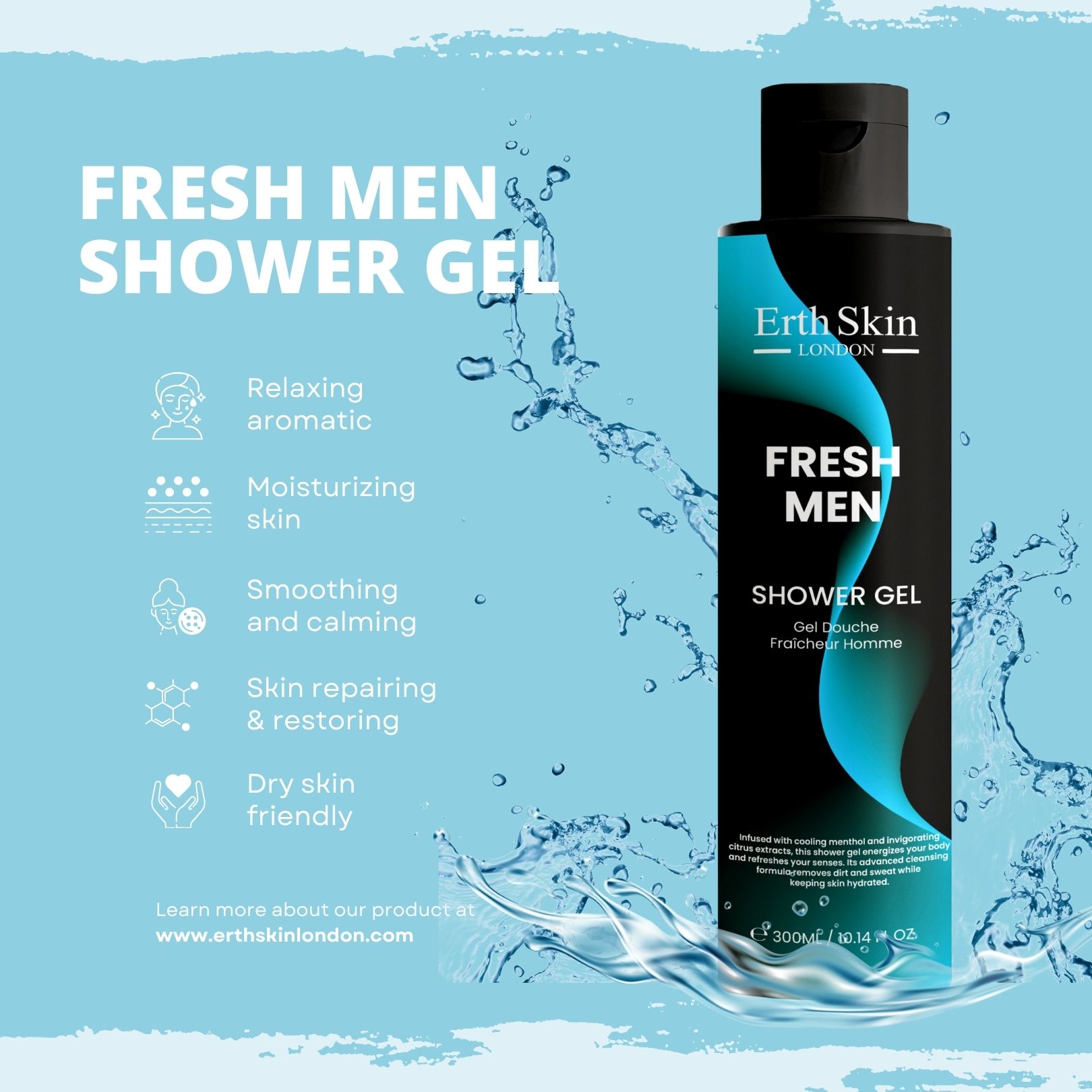 Flacone di gel doccia con design blu e testo "Fresh Men Shower Gel". Effetto acqua e icone.