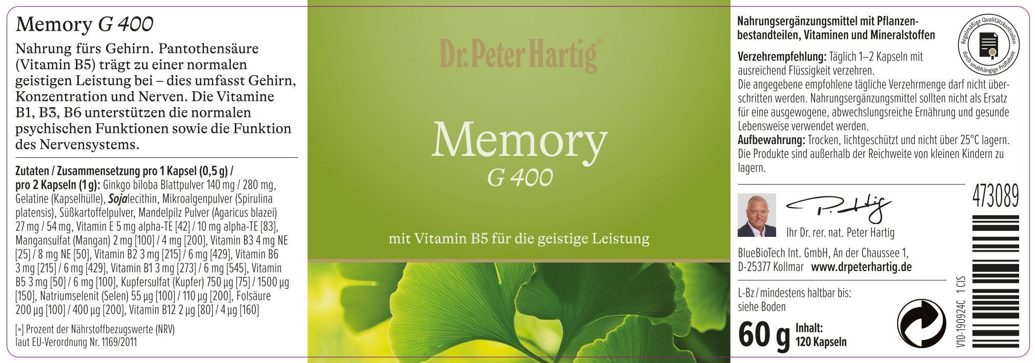 Etikett der Flasche Memory G 400. Text: Dr. Peter Hartig. Inhaltsstoffe, Dosierung, Anwendungshinweise. 60 g.