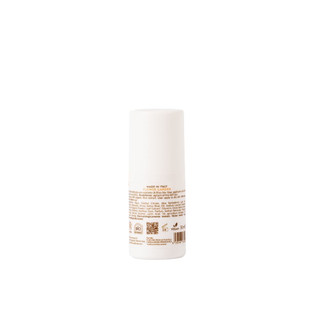 Deodorante roll-on bianco. Retro con testo e loghi. Made in Italy. Certificazione bio. Codice QR e simboli.