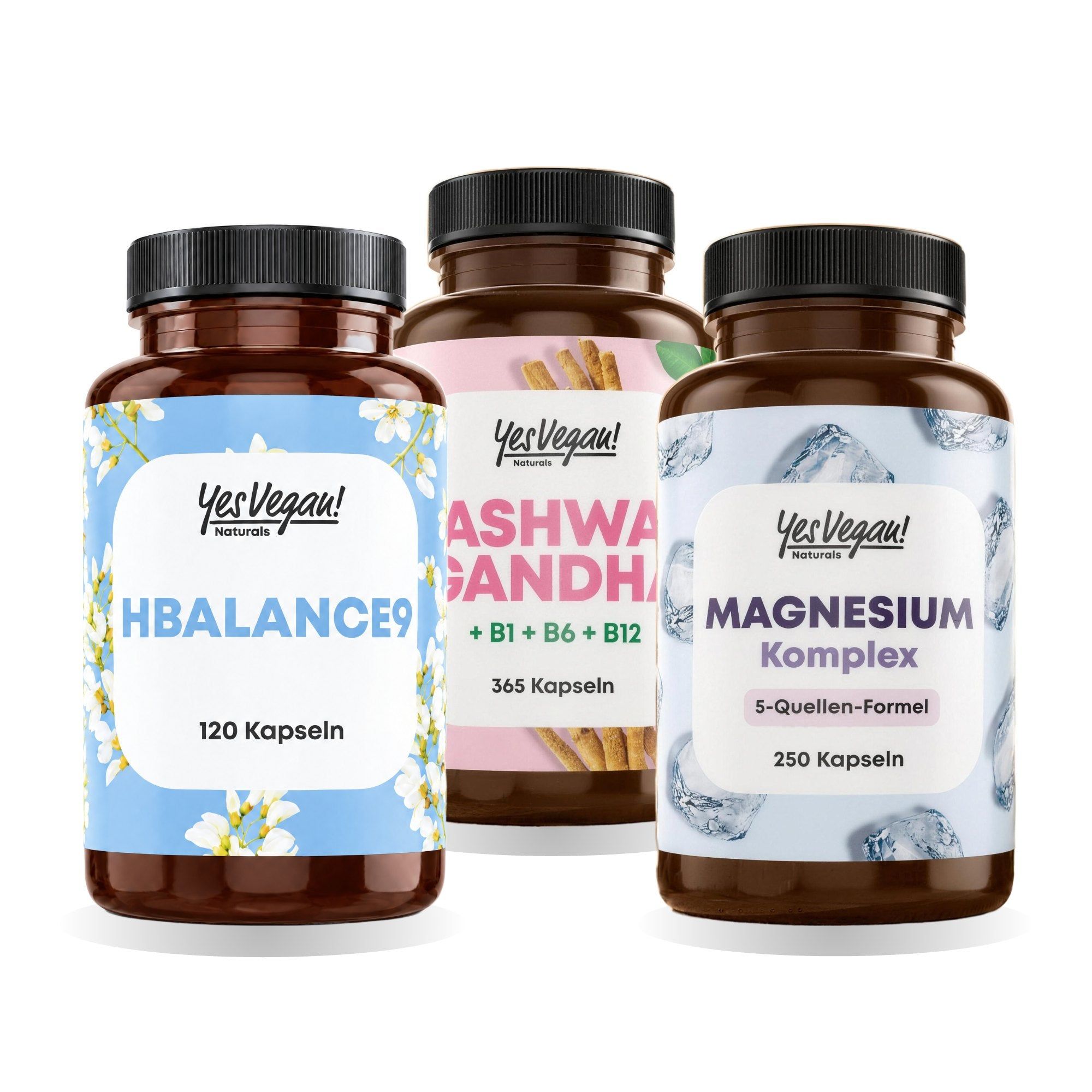 Flaschen Hbalance9 (120 Kapseln), Ashwagandha (365 Kapseln) und Magnesium Komplex (250 Kapseln).
