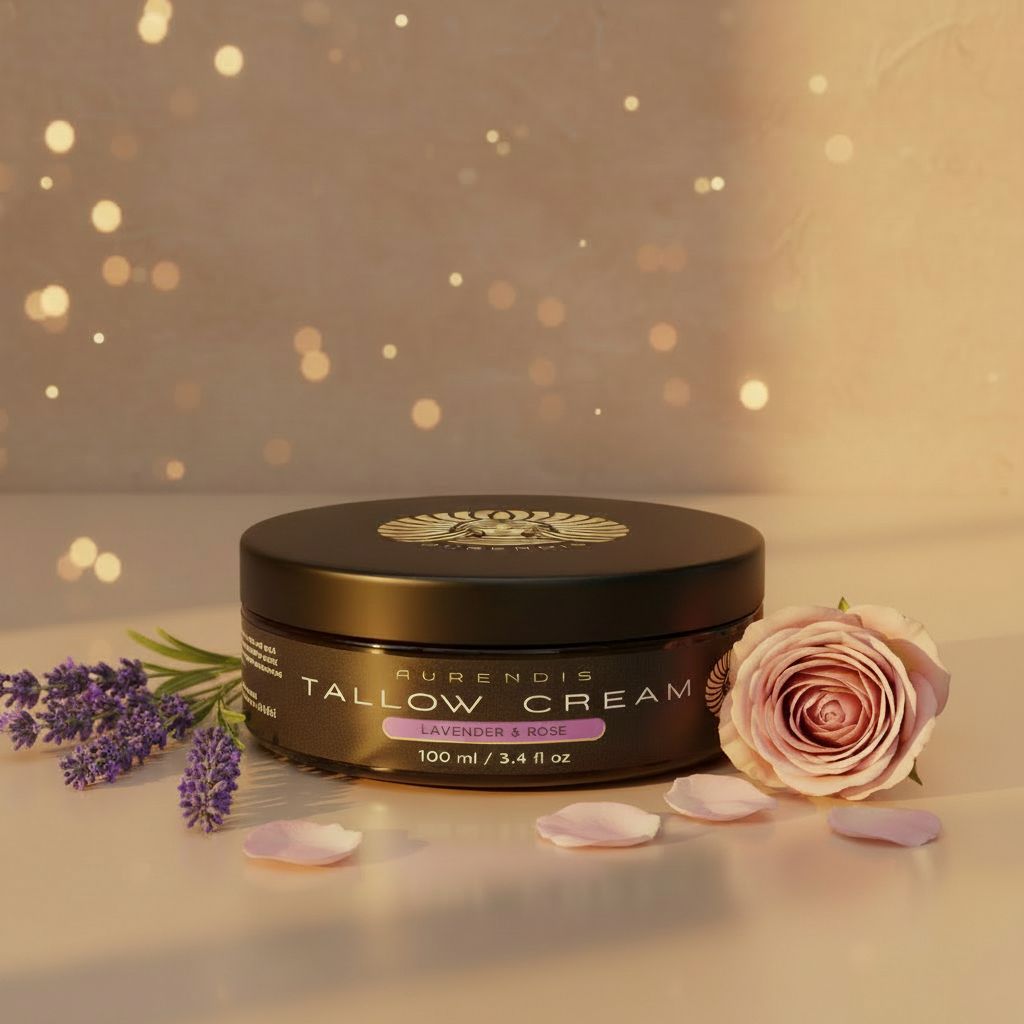 Tiegel Tallow Creme, Lavendel & Rose, mit Lavendelblüten und Rose. Marke: Aurendis. 100 ml.