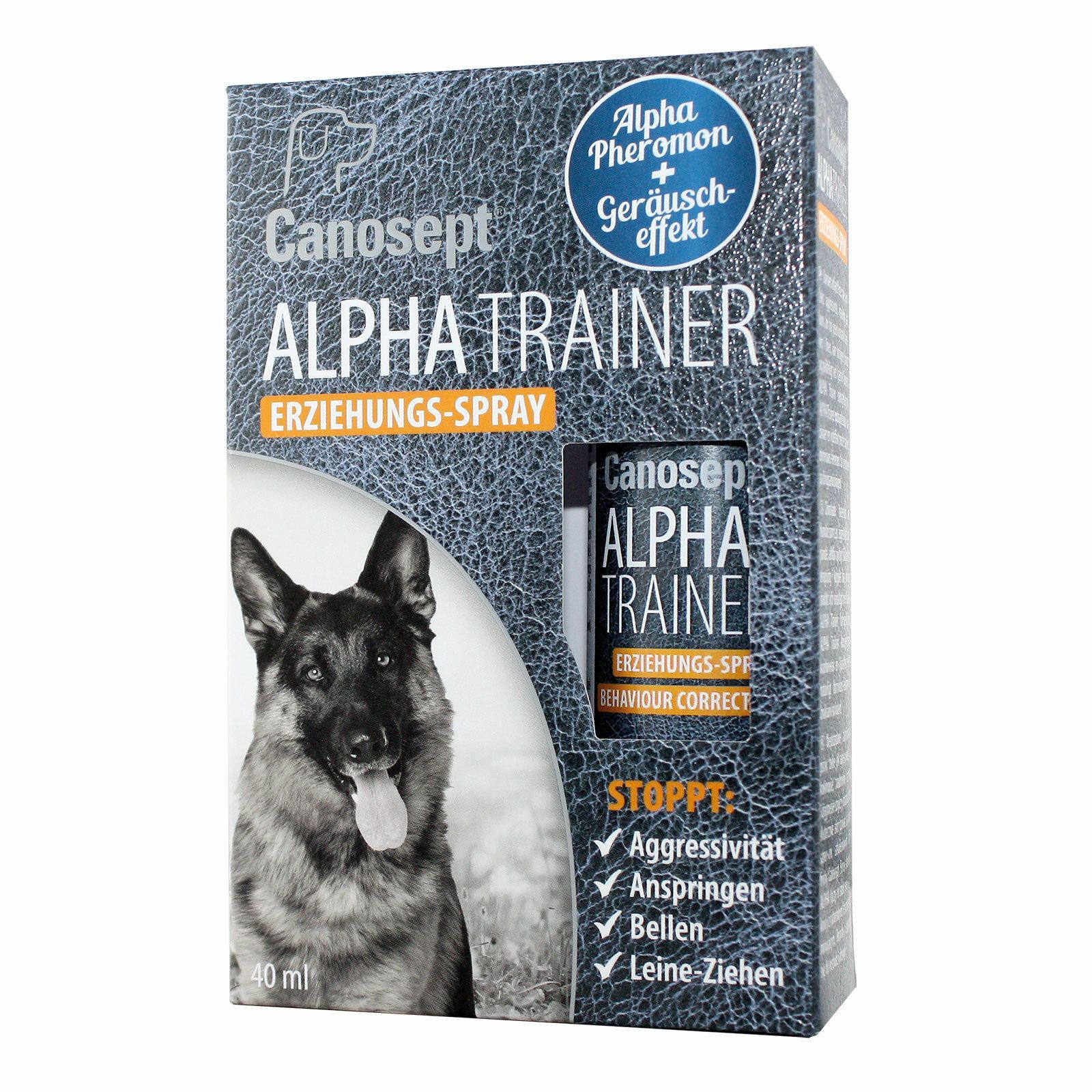 Canosept Alpha Trainer Erziehungsspray in Verpackung. Graue Schachtel mit Hundefoto und Produktinformationen. Enthält 40 ml.
