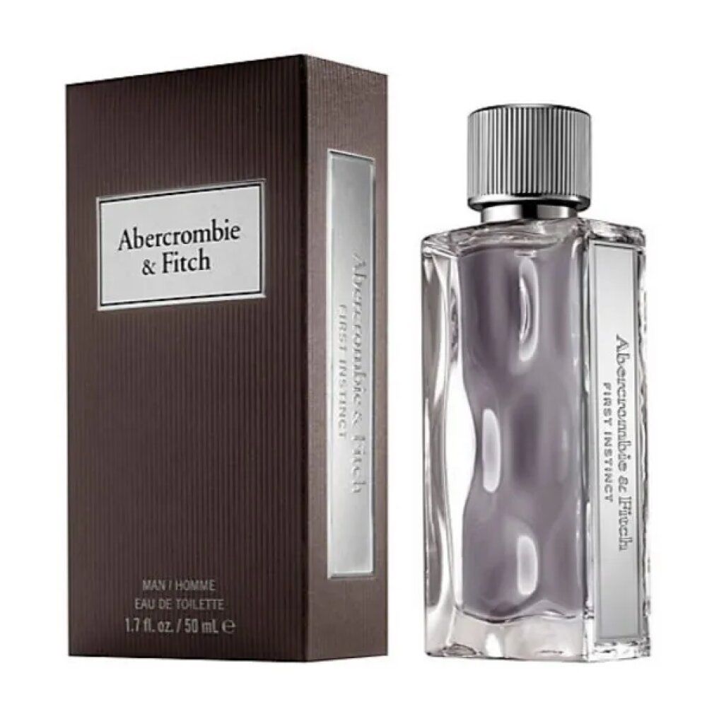 Flakon und Verpackung von Abercrombie & Fitch First Instinct. Rechteckiger Flakon mit silbernem Verschluss. Braune Verpackung mit Logo.