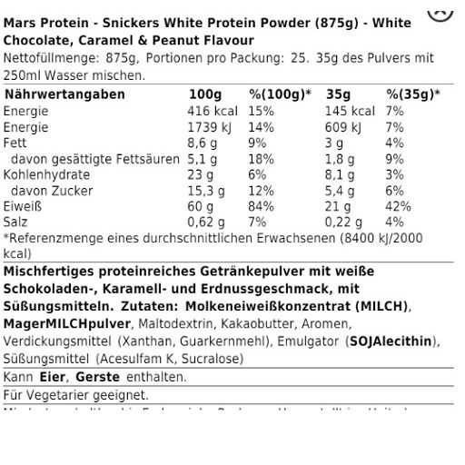 Nährwerttabelle für Snickers HI Protein. Angaben zu Energie, Fett, Kohlenhydraten, Zucker, Eiweiß und Salz. Enthält Molkeneiweißkonzentrat.