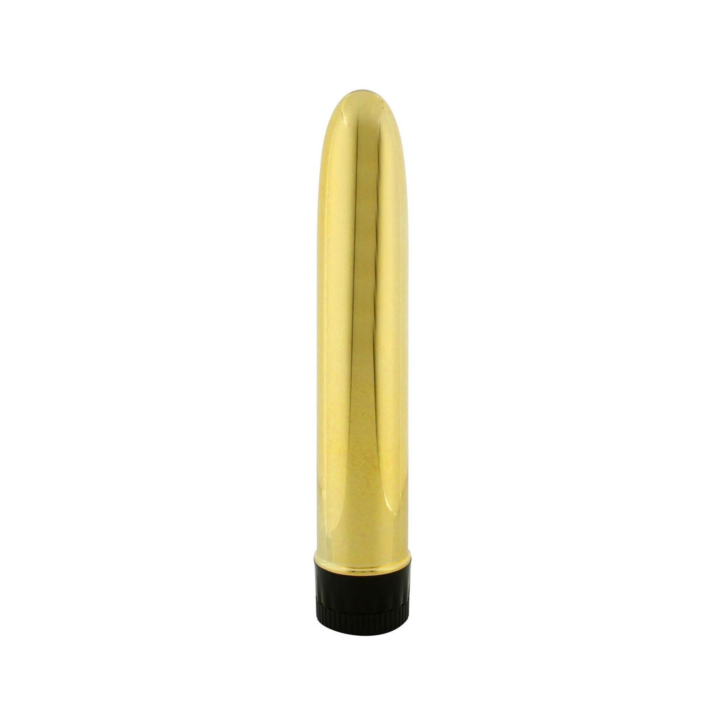 Goldfarbener Vibrator mit schwarzem Sockel. Zylindrische Form, glatte Oberfläche.