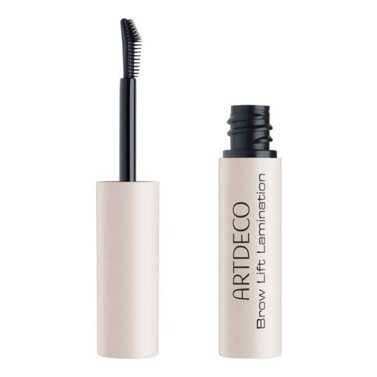 Artdeco Brow Lift Lamination. Weiße Tube mit schwarzer Bürste. Produktname und Logo aufgedruckt.