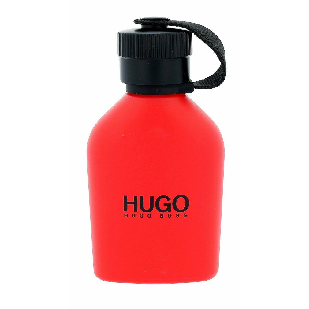 Rote Flasche mit schwarzem Verschluss und Band. HUGO-Logo in Schwarz. Flaschenform.