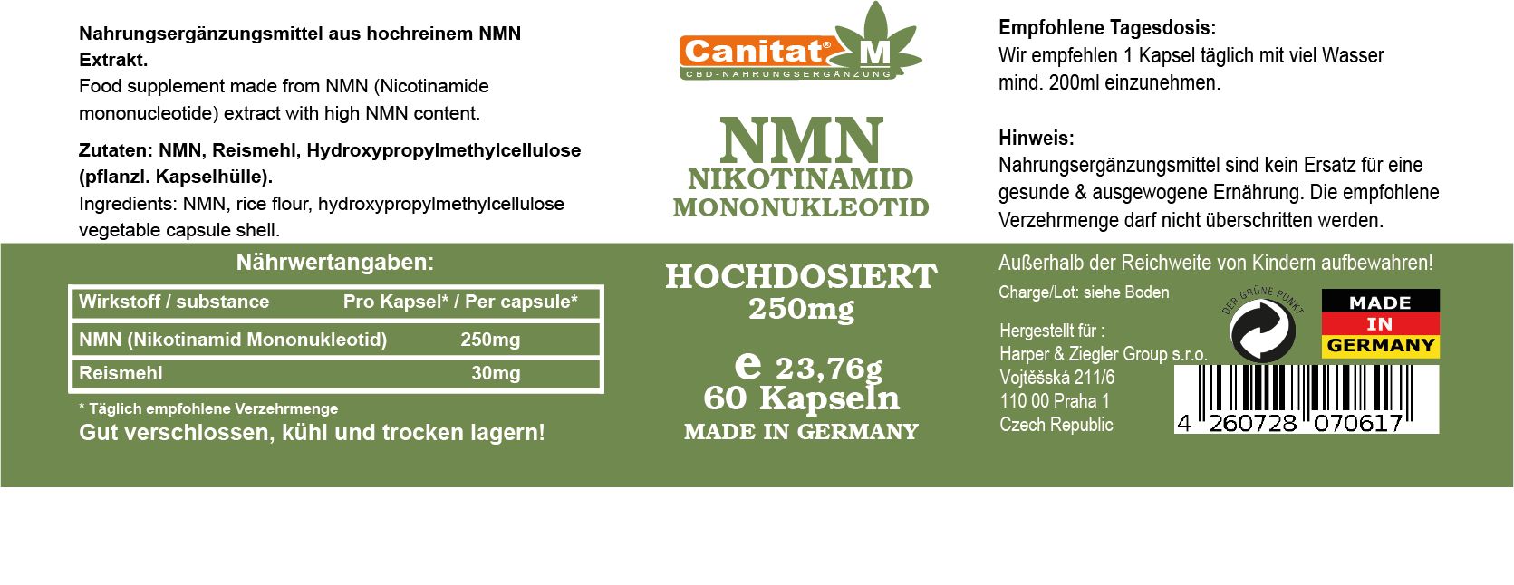 Rückseite einer Flasche NMN Kapseln. Text: Canitat M, NMN, 250mg, 60 Kapseln, Made in Germany. Nährwertangaben und Inhaltsstoffe.