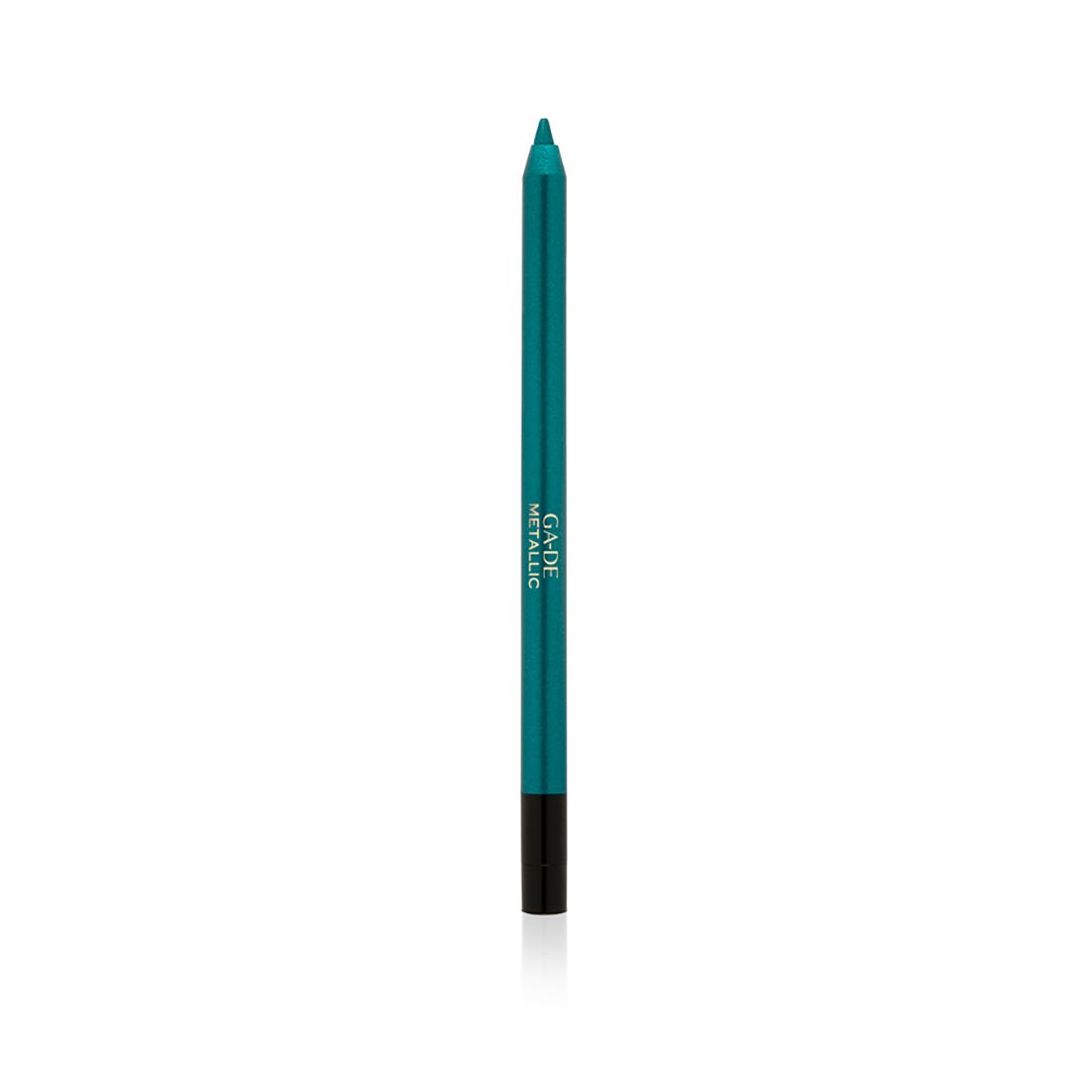 Ga-De Metallic Eyeliner. Türkisgrüner Stift mit schwarzer Spitze. Marke und Produktname auf dem Stift.