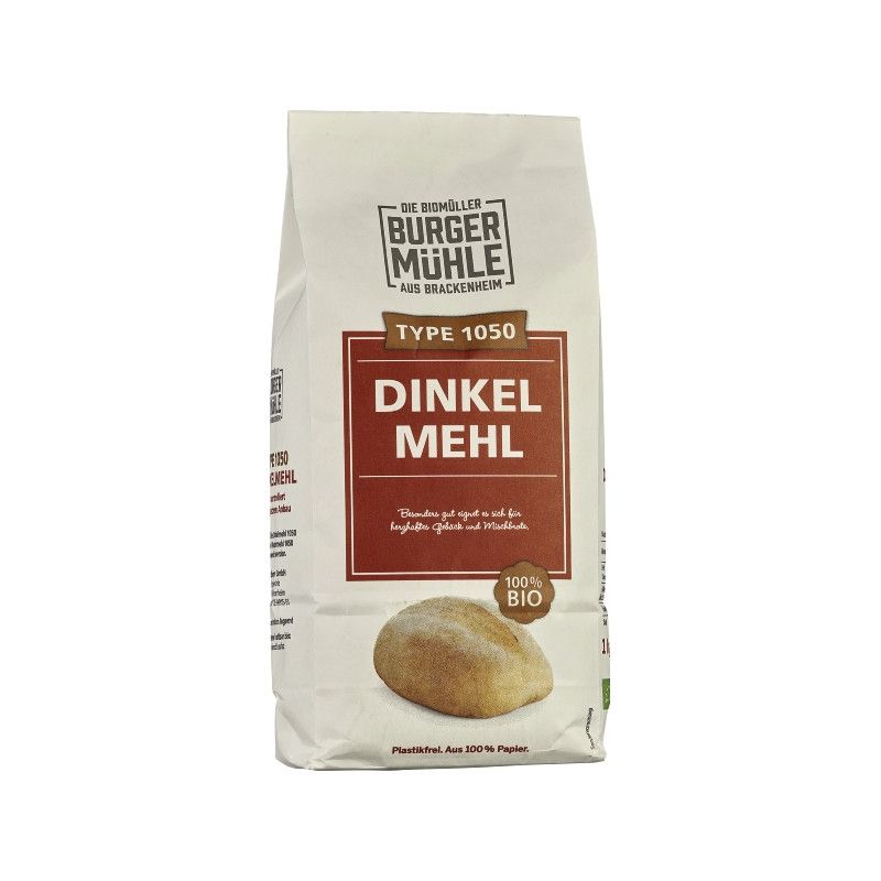 Verpackung mit Dinkelmehl. Aufschrift: Burgermühle, Type 1050, Dinkel Mehl, 100% Bio. Abbildung eines Brötchens.