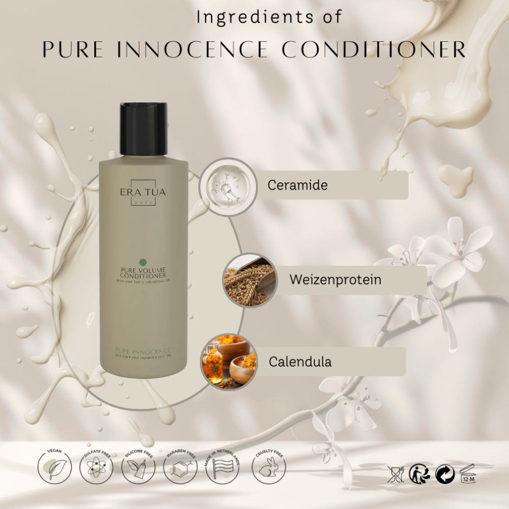 Flasche mit Conditioner, Inhaltsstoffe: Ceramide, Weizenprotein, Calendula. Vegan, tierversuchsfrei, ohne Tierversuche.