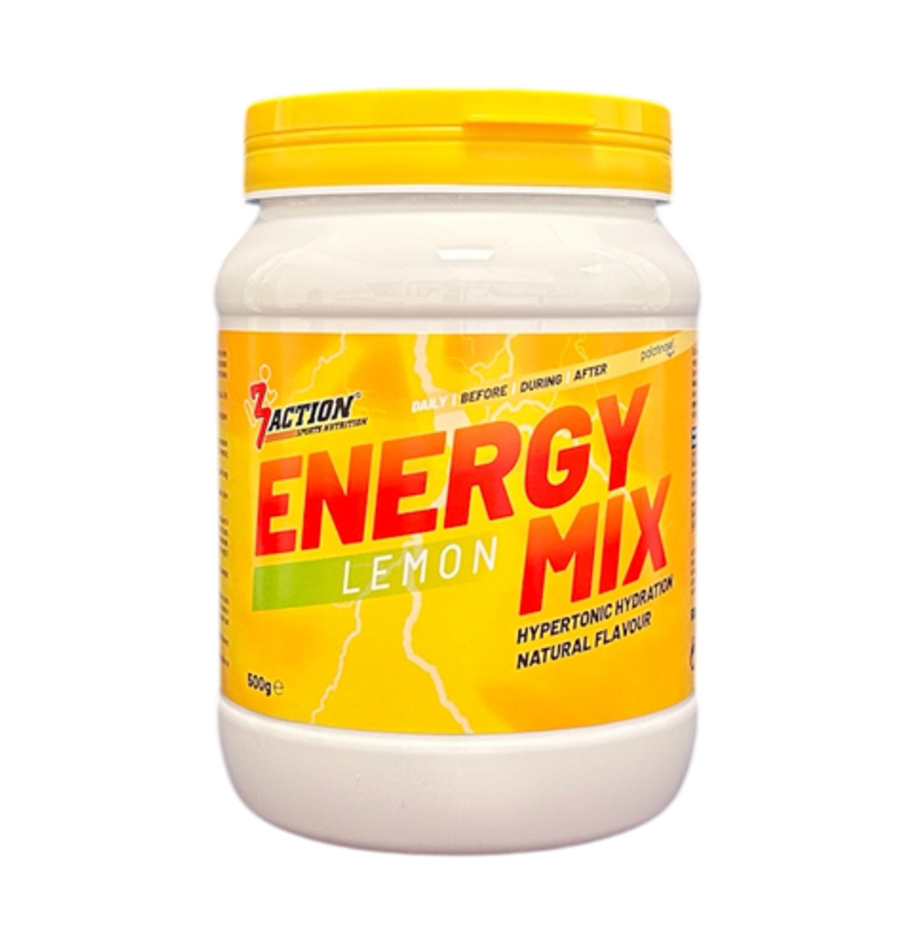 Weißes, zylindrisches Gefäß mit gelbem Deckel. Aufschrift: "3Action Energy Mix Lemon". Gelber Hintergrund mit Blitzmuster.