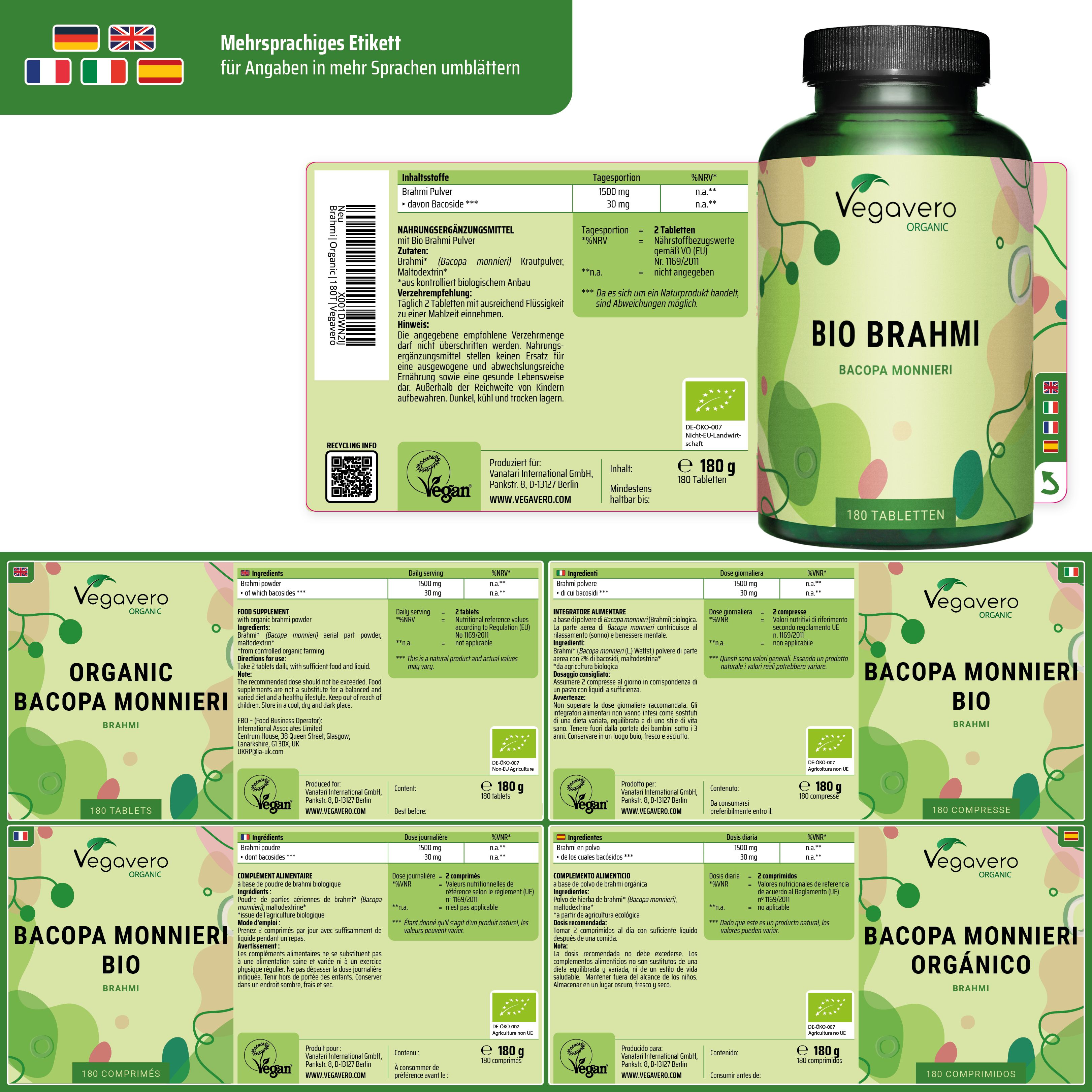Mehrsprachiges Etikett mit Informationen. Flasche mit BIO BRAHMI. Mehrere Etiketten mit Produktinformationen.