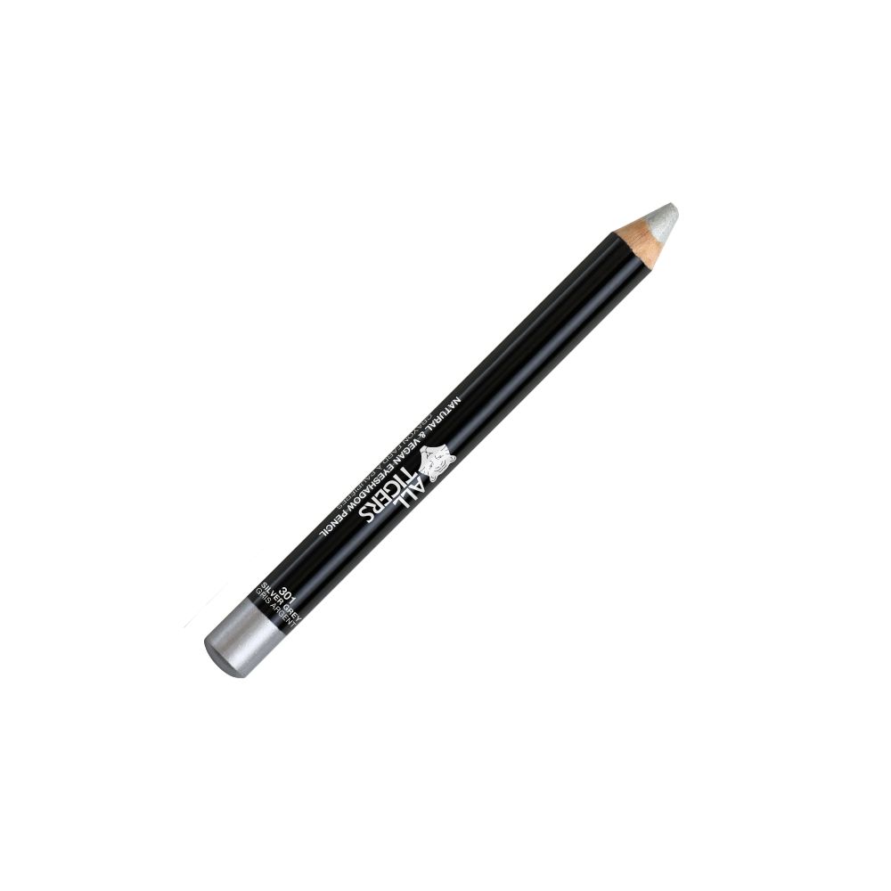 Grauer Kajalstift. Schwarzer Schaft, silberne Spitze. Aufschrift: ALL TIGERS. Natürliches & veganes Augenlid-Puder.