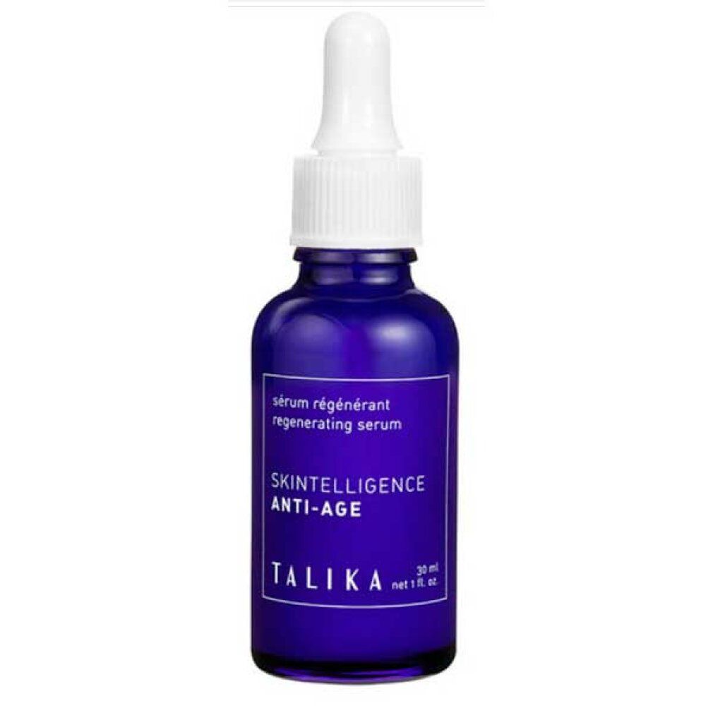 Blaue Glasflasche mit weißem Tropfer. Aufschrift: Skintelligence Anti-Age, Talika. Regenerierendes Serum.