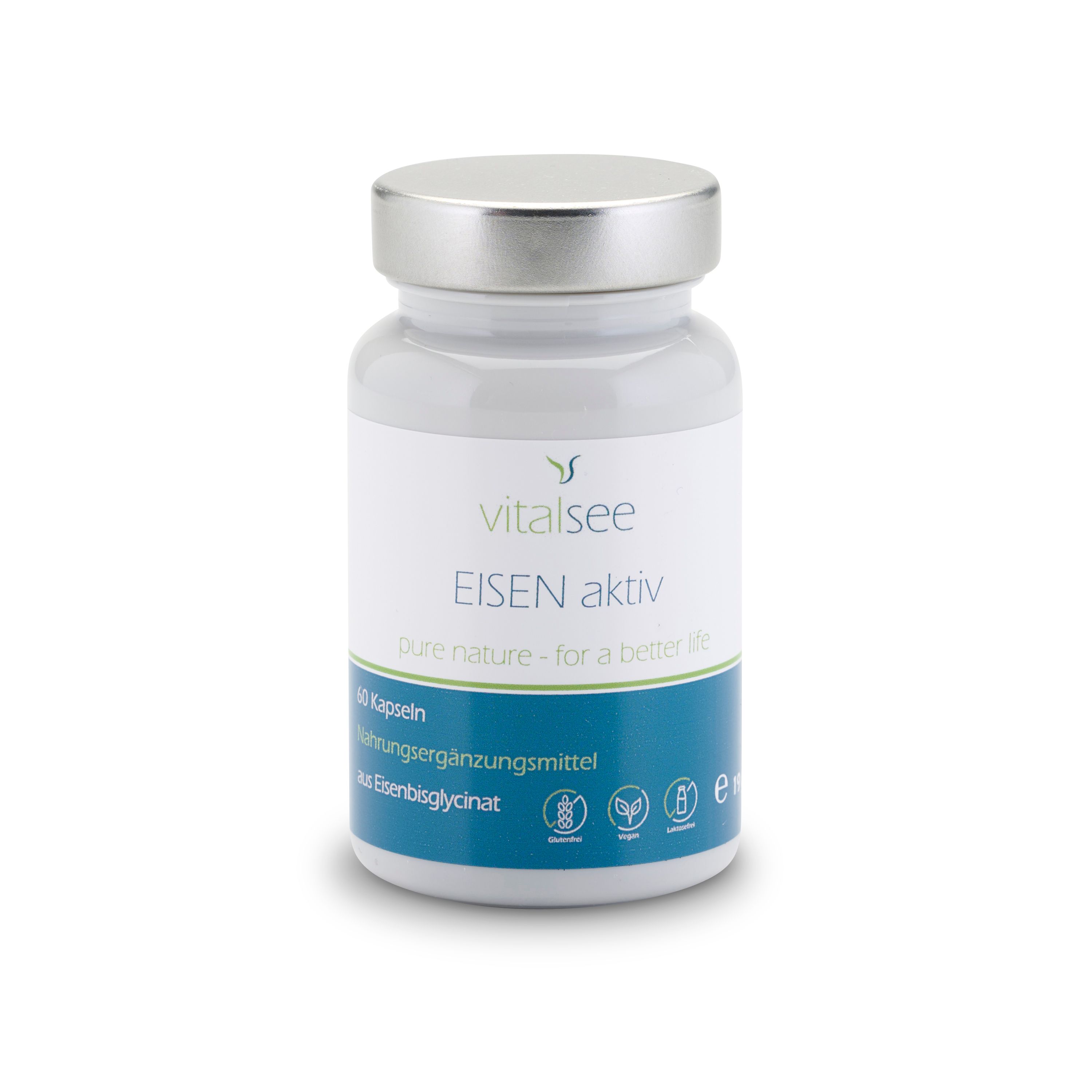 Weiß-blaue Flasche mit silbernem Deckel. Aufschrift: Vitalsee EISEN aktiv. 60 Kapseln. Nahrungsergänzungsmittel.