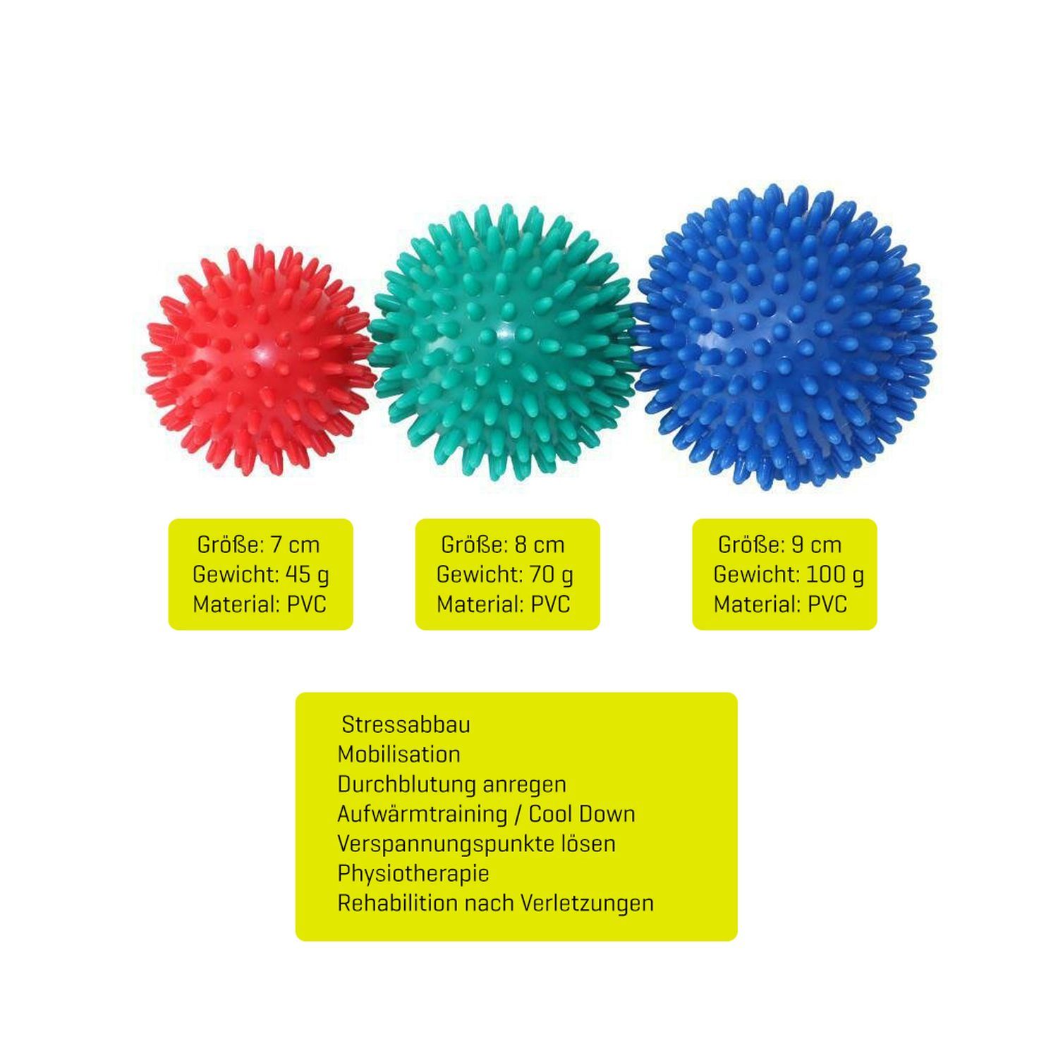 Drei Massagebälle in Rot, Grün und Blau. Größenangaben und Materialangaben sind auf gelbem Hintergrund.