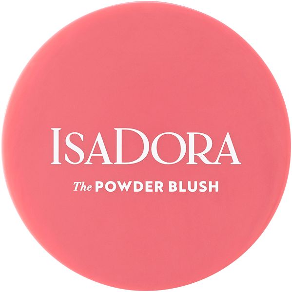 Runder, rosafarbener IsaDora Powder Blush. Weißer Schriftzug: IsaDora, The Powder Blush. Kompakte Form.
