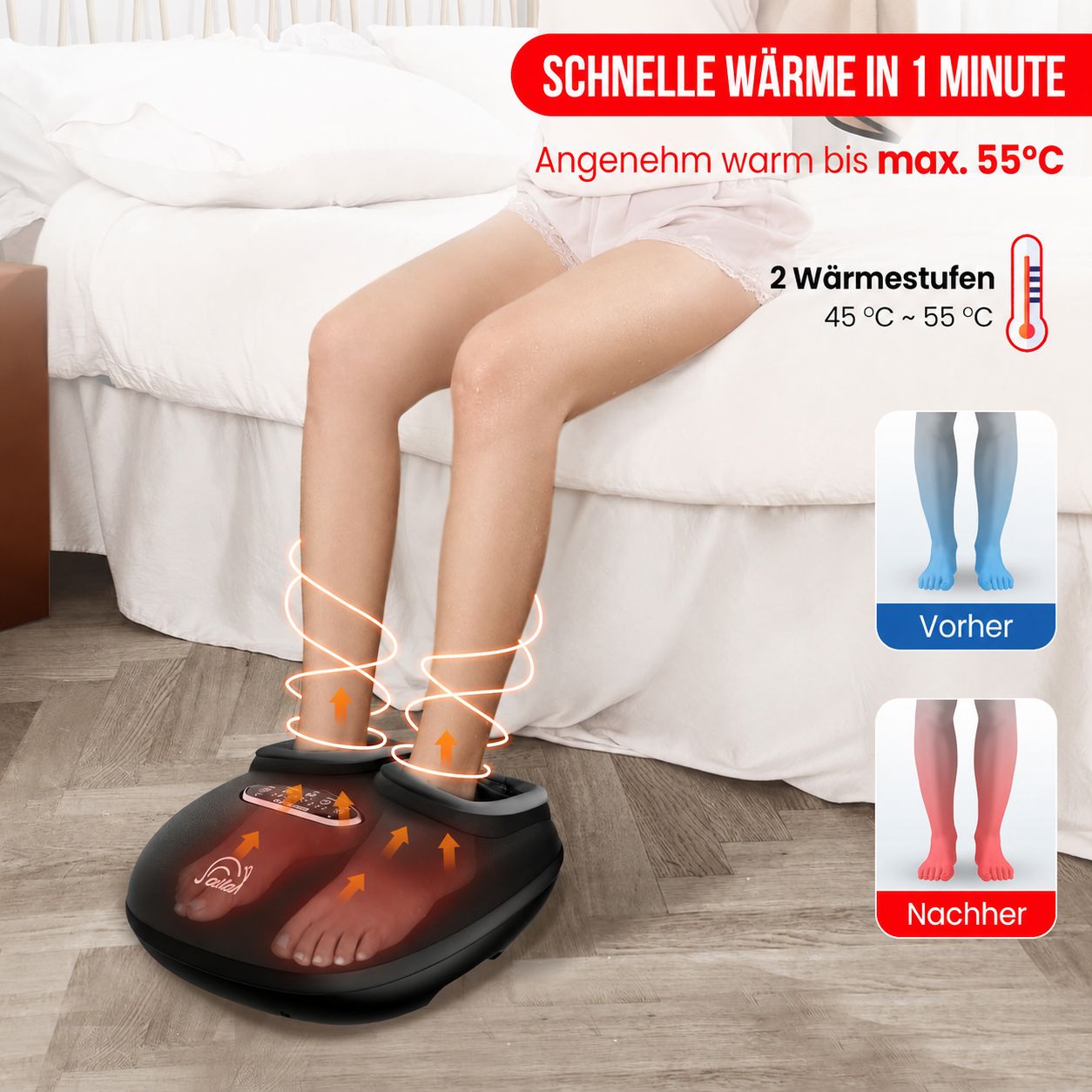 Fußmassagegerät mit schneller Wärme in 1 Minute, 2 Wärmestufen (45-55°C).