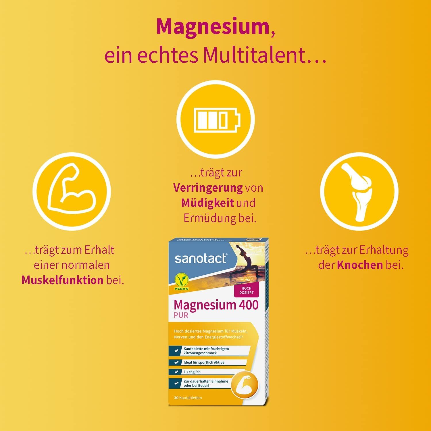 Produktverpackung von sanotact Magnesium 400. Text: Magnesium 400 PUR. Vegan-Siegel. 30 Kautabletten. Illustrationen: Muskeln, Knochen, Energie.