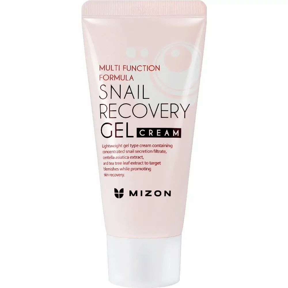 Rosa Tube mit weißem Deckel. Aufschrift: Snail Recovery Gel Cream, Mizon. Text: Multi Function Formula.