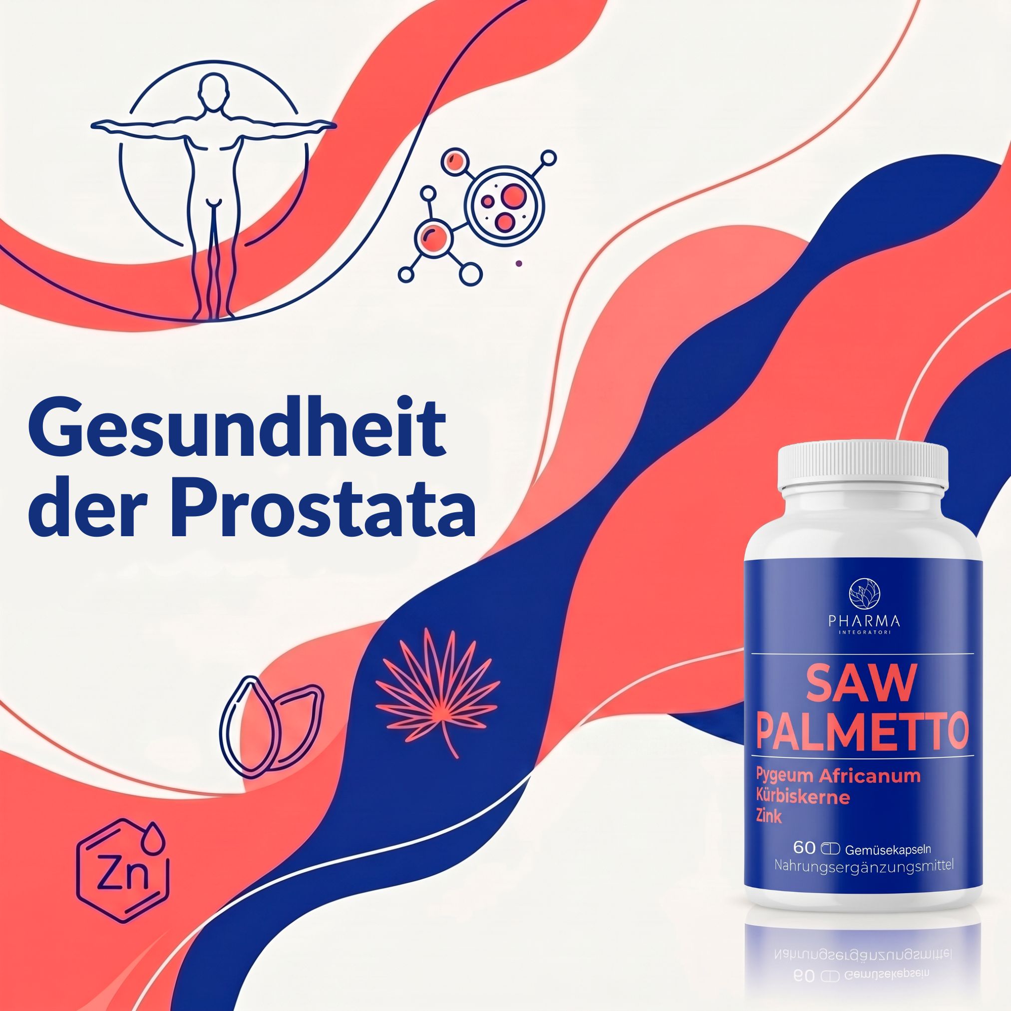 Serenoa Repens Flasche und Verpackung mit Grafik zur Prostata-Gesundheit.