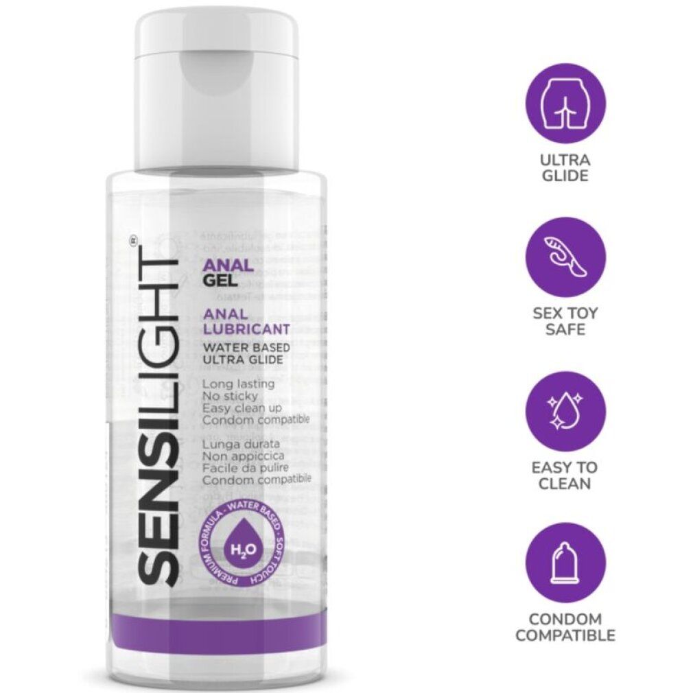 Transparente Flasche mit weißem Deckel. Aufschrift: ANAL GEL, ANAL LUBRICANT, WATER BASED ULTRA GLIDE. Marke: Sensilight. Lila Akzent. Symbole.