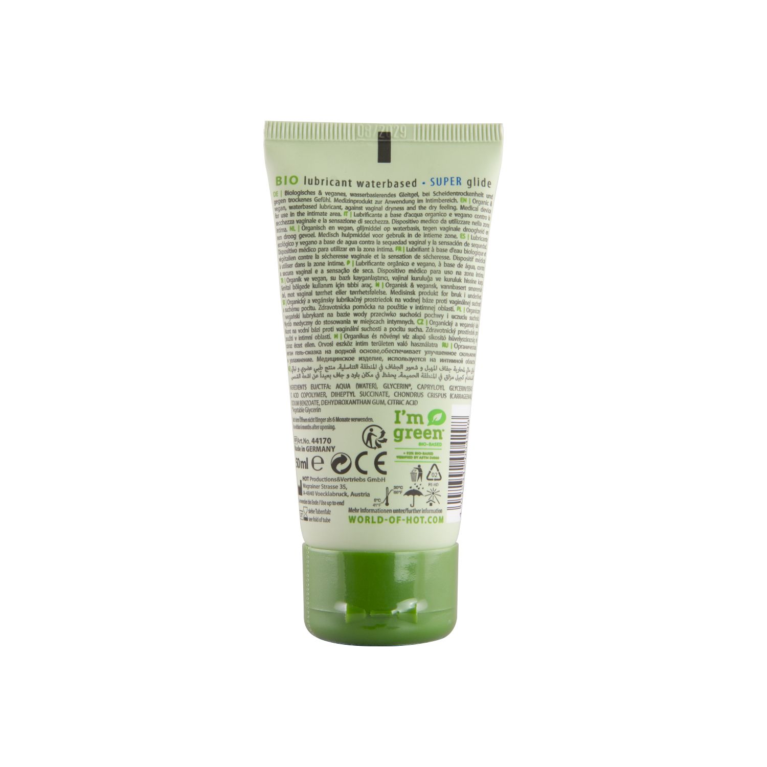 Grüne Tube mit Text. "BIO lubricant waterbased - SUPER glide". Text in mehreren Sprachen. "I'm green"-Logo. 50ml.