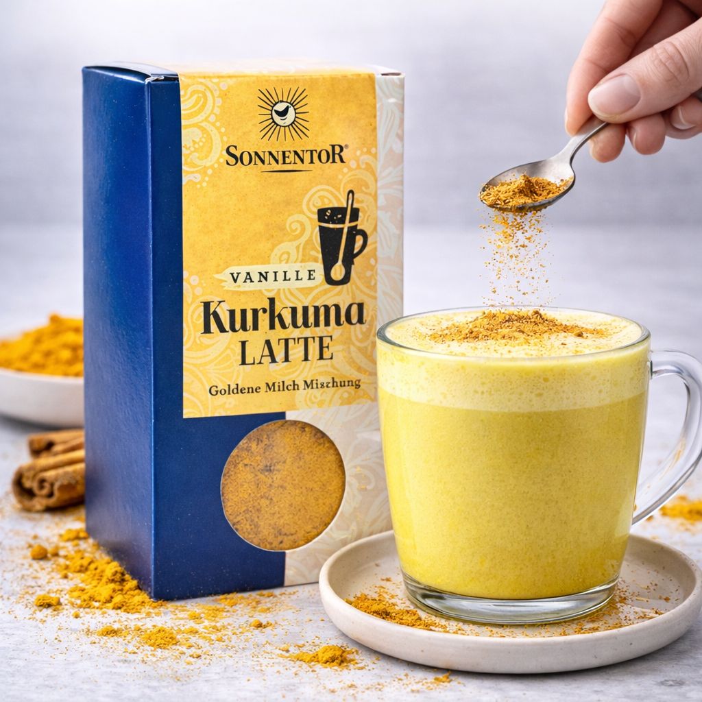Sonnentor Kurkuma Latte Vanille Bio: Zubereitung eines goldenen Milchgetränks mit Pulver aus der Packung.