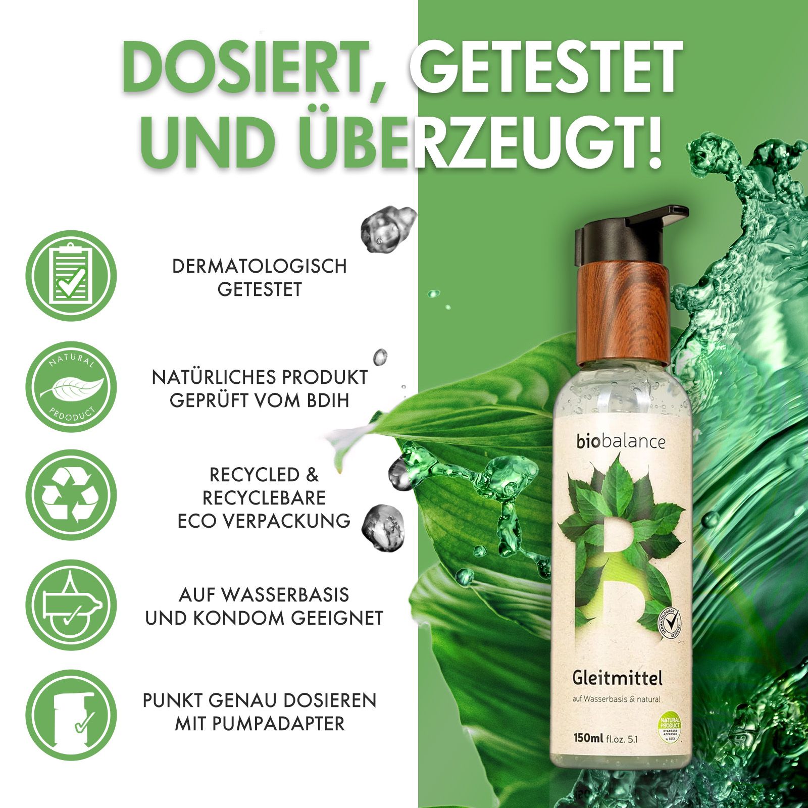 BIO BALANCE Gleitmittel Flasche. Aufschrift "Gleitmittel". Flasche mit Holzdeckel. Logos: Dermatologisch getestet, Recycelbar.