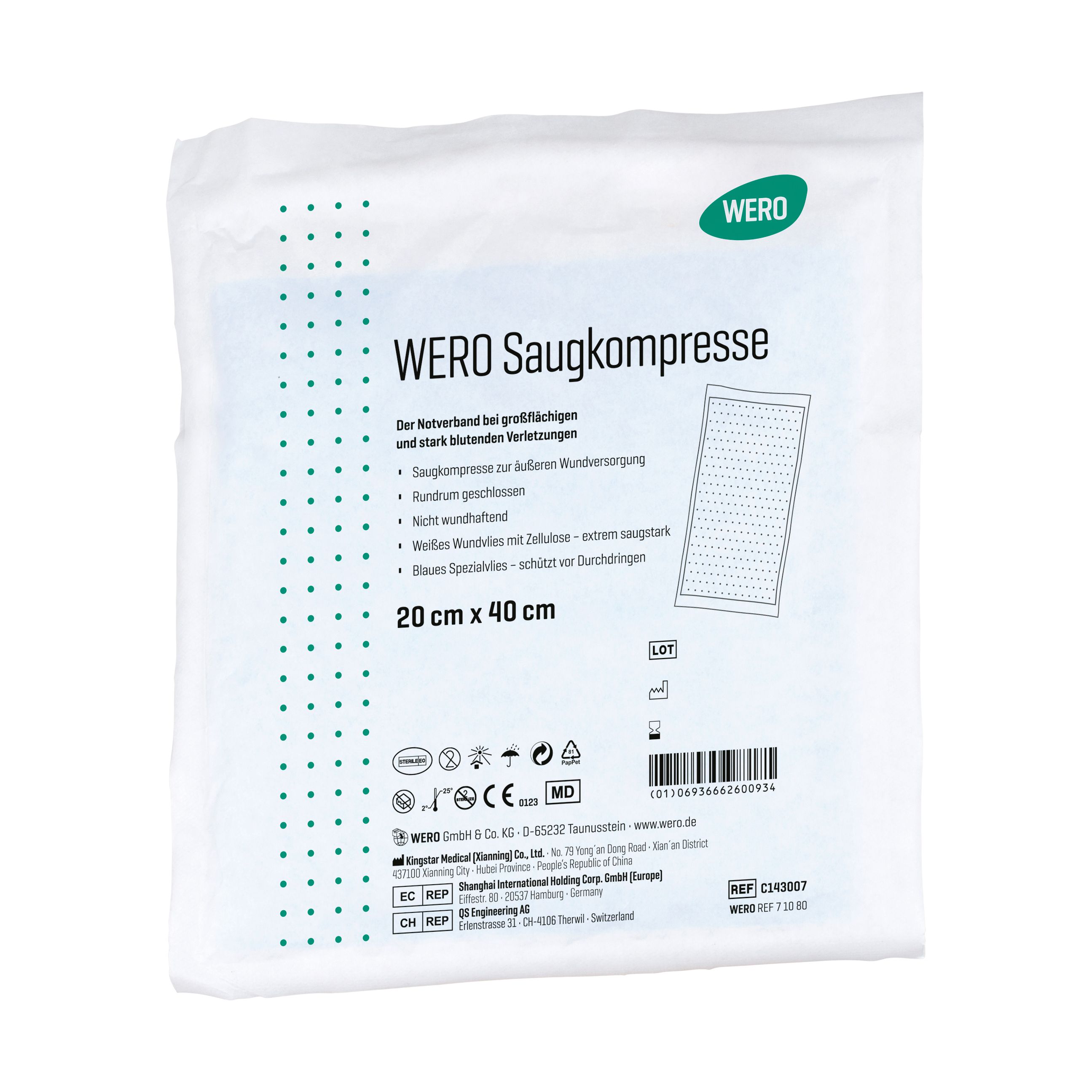 Verpackung der WERO Saugkompresse. Aufschrift: WERO Saugkompresse, 20 cm x 40 cm. Medizinprodukt. Steril.