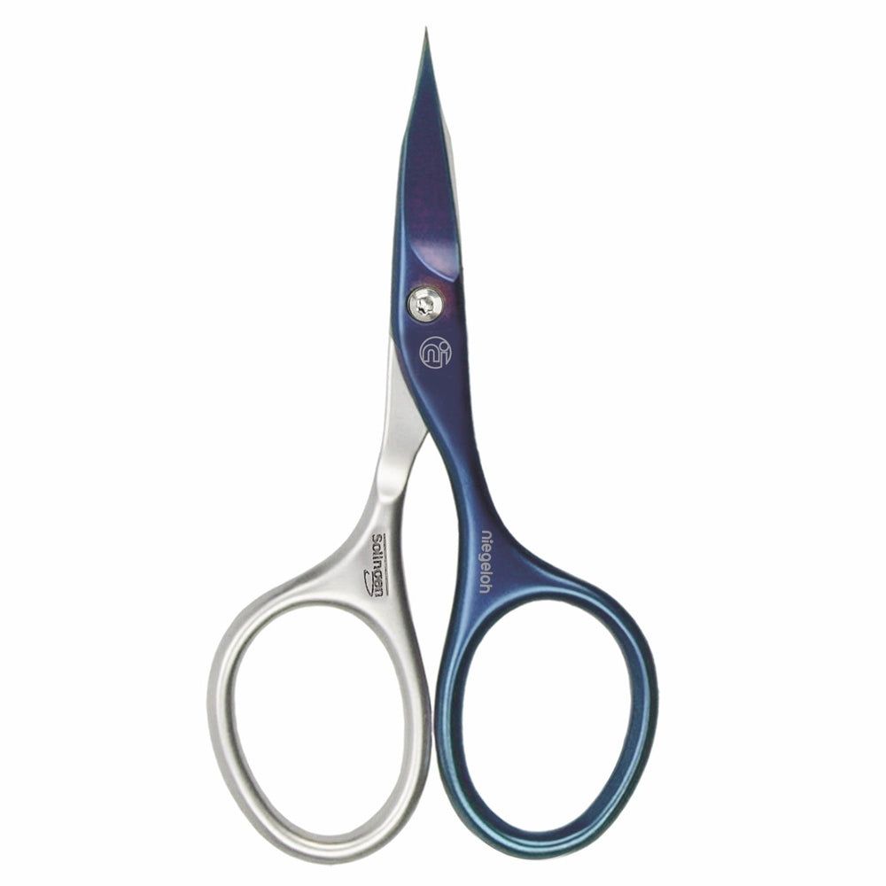 Kombinierte Schere, blau und silberfarben. Marke Niegeloh Solingen. Edelstahl und Titan. Abgerundete Griffe, spitze Klingen.