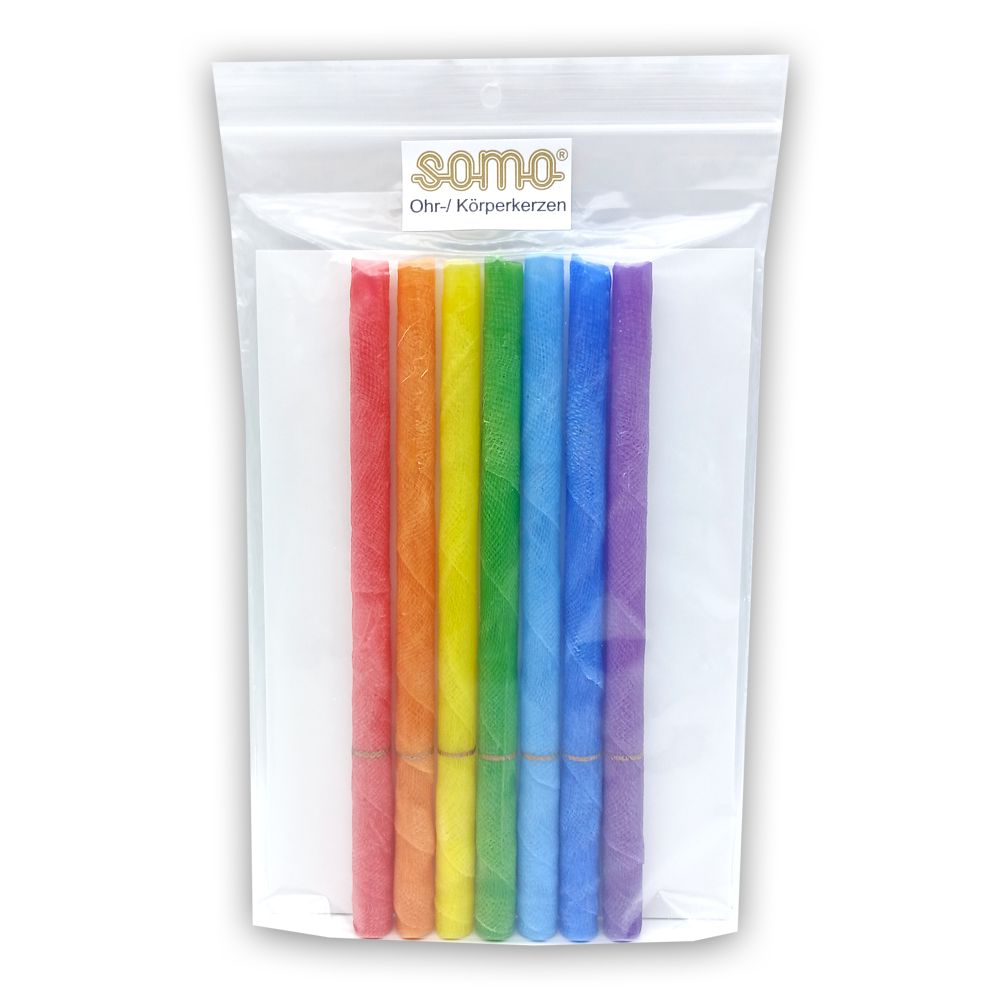 Set Ohr-/Körperkerzen in Folienverpackung. Mehrfarbige Kerzen, angeordnet wie ein Regenbogen. Marke: SOMO.